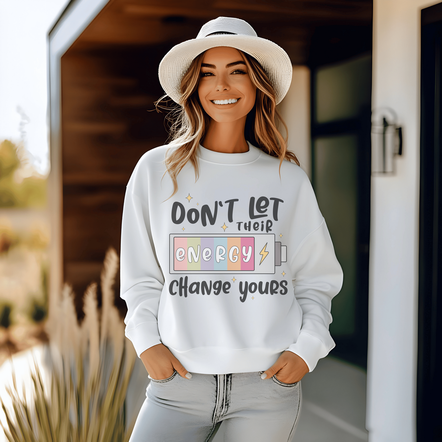Don't Let Their Energy Change Yours Sweatshirt, Rainbow Battery Design, Unisex Crewneck Pullover, Cozy Cotton Blend, Gift for Energy Lovers