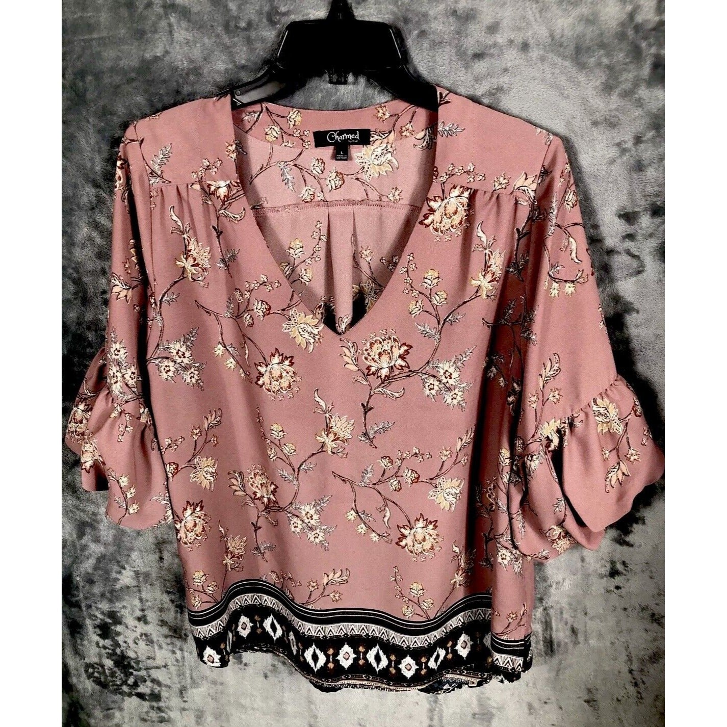 Charmed by Eve Blouse Women L Pink Black Floral 3/4 Puff Sleeve V-Neck Pullover