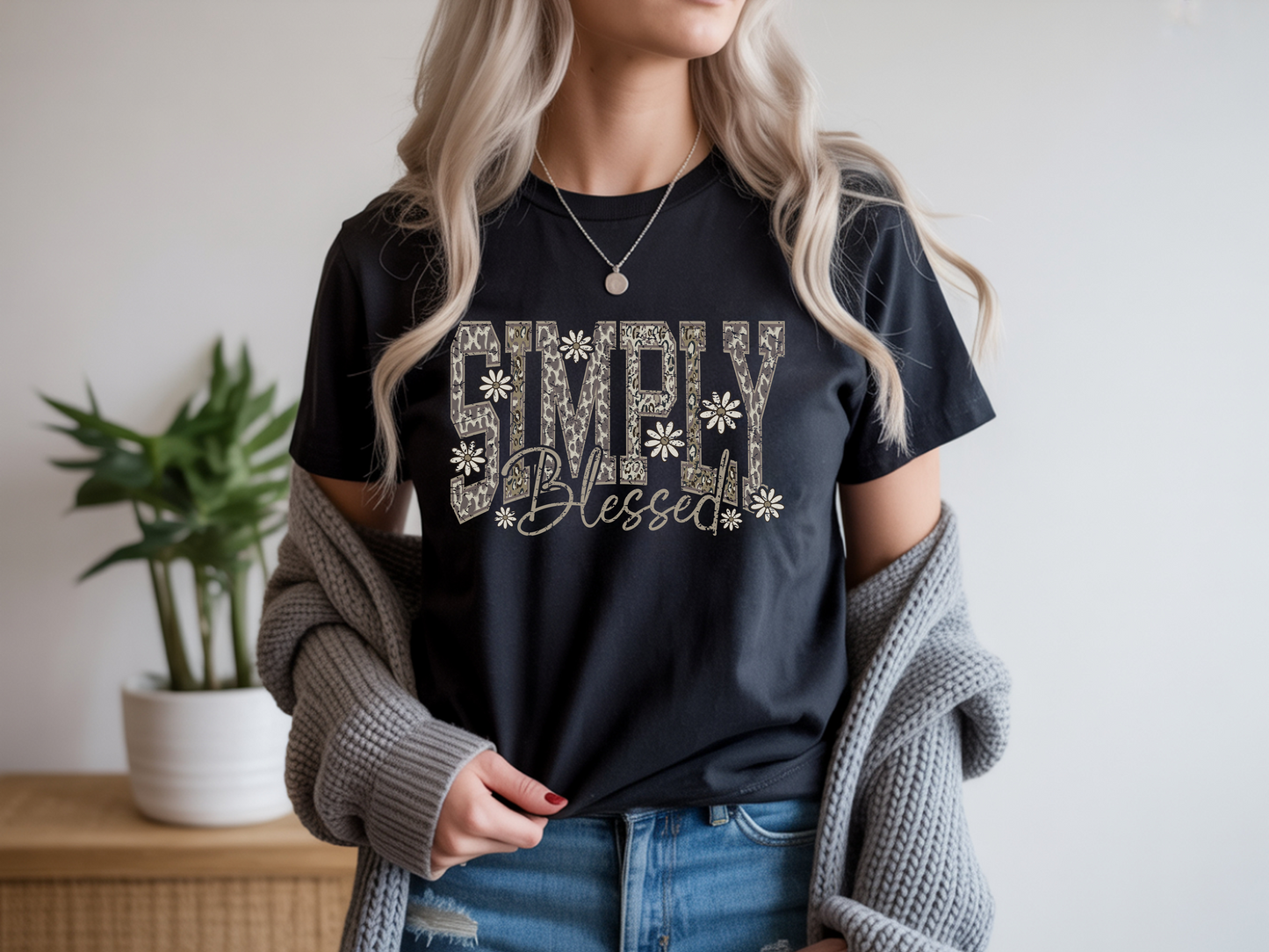 Simply Blessed Shirt, Inspirational Graphic Tee, Comfortable Black Cotton Top, Gift for Grandmother, Motivational T-Shirt, Floral Text Design