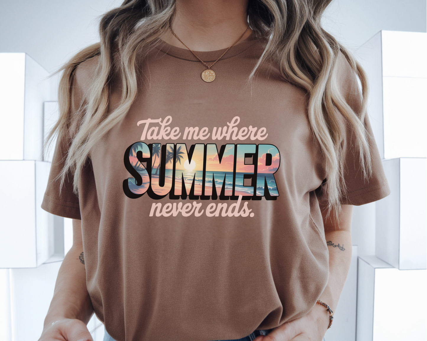 Take Me Where Summer Never Ends T-Shirt, Graphic Tee for Women, Soft Washed Graphic Top, Casual Relaxed Fit Shirt, Summer Beachwear Gift