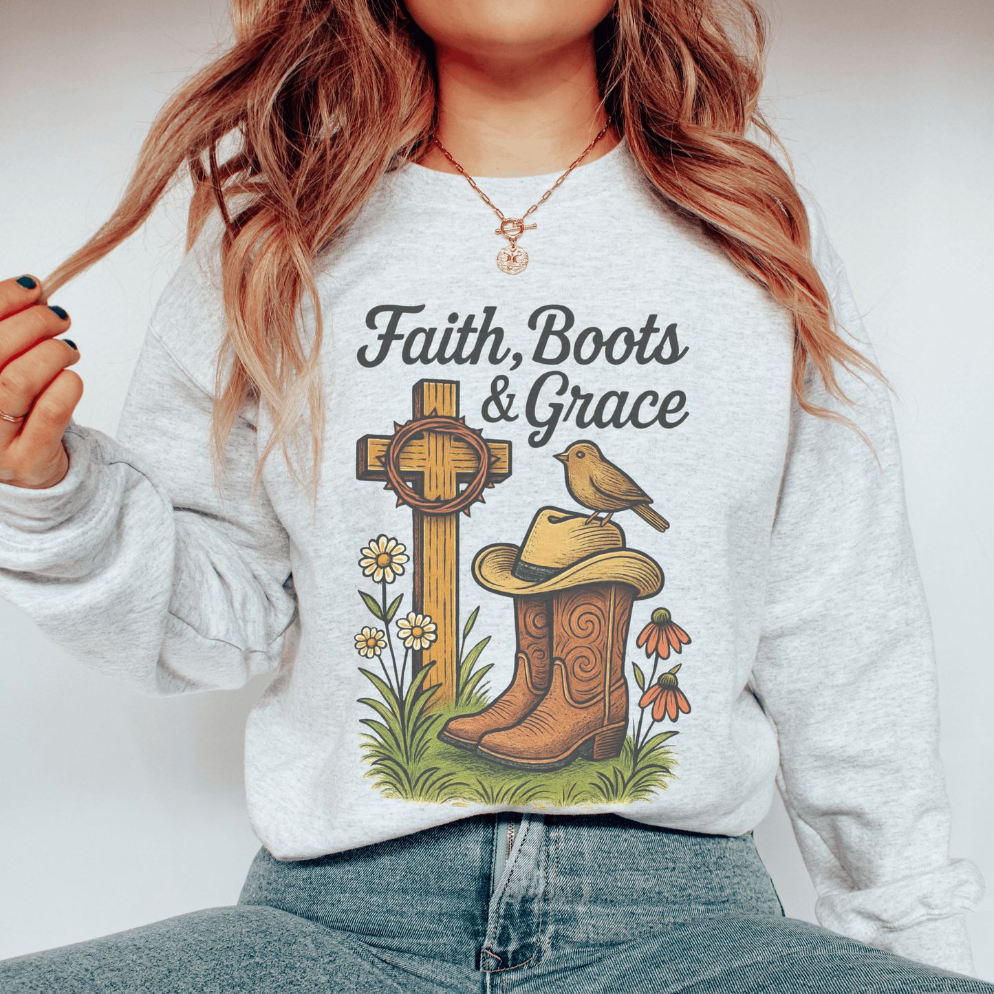 Cowboy Boots Cute Bird Artwork Sweatshirt, Western Cross Graphic Top, Vintage Style Pullover