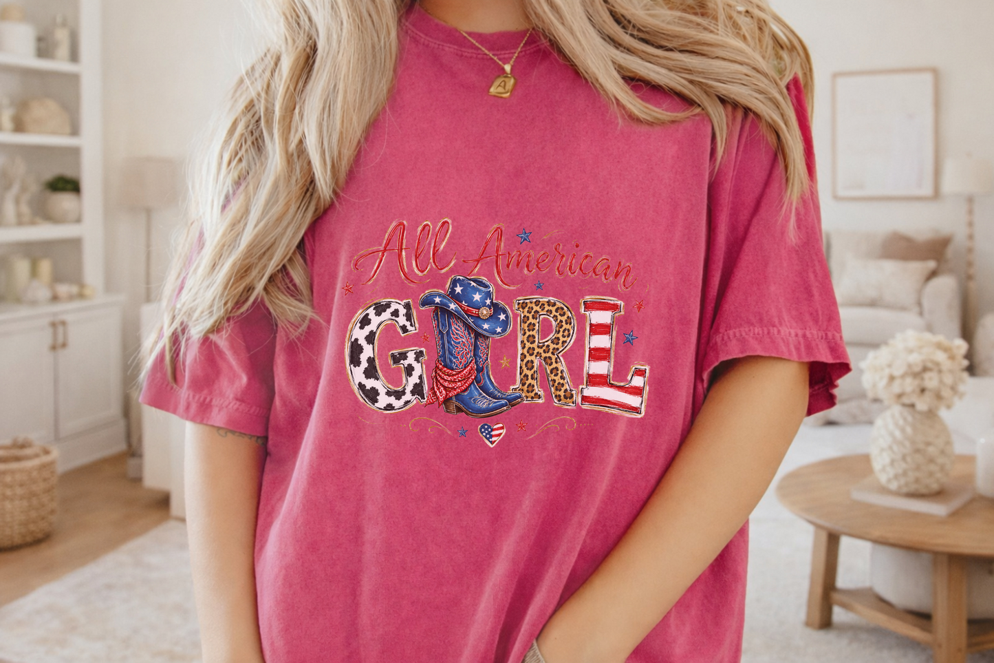All American Girl T-Shirt, Patriotic Cowboy Boots Tee, USA Themed Gift, Cowgirl Western Style, Women's Graphic Shirt, American Flag Art