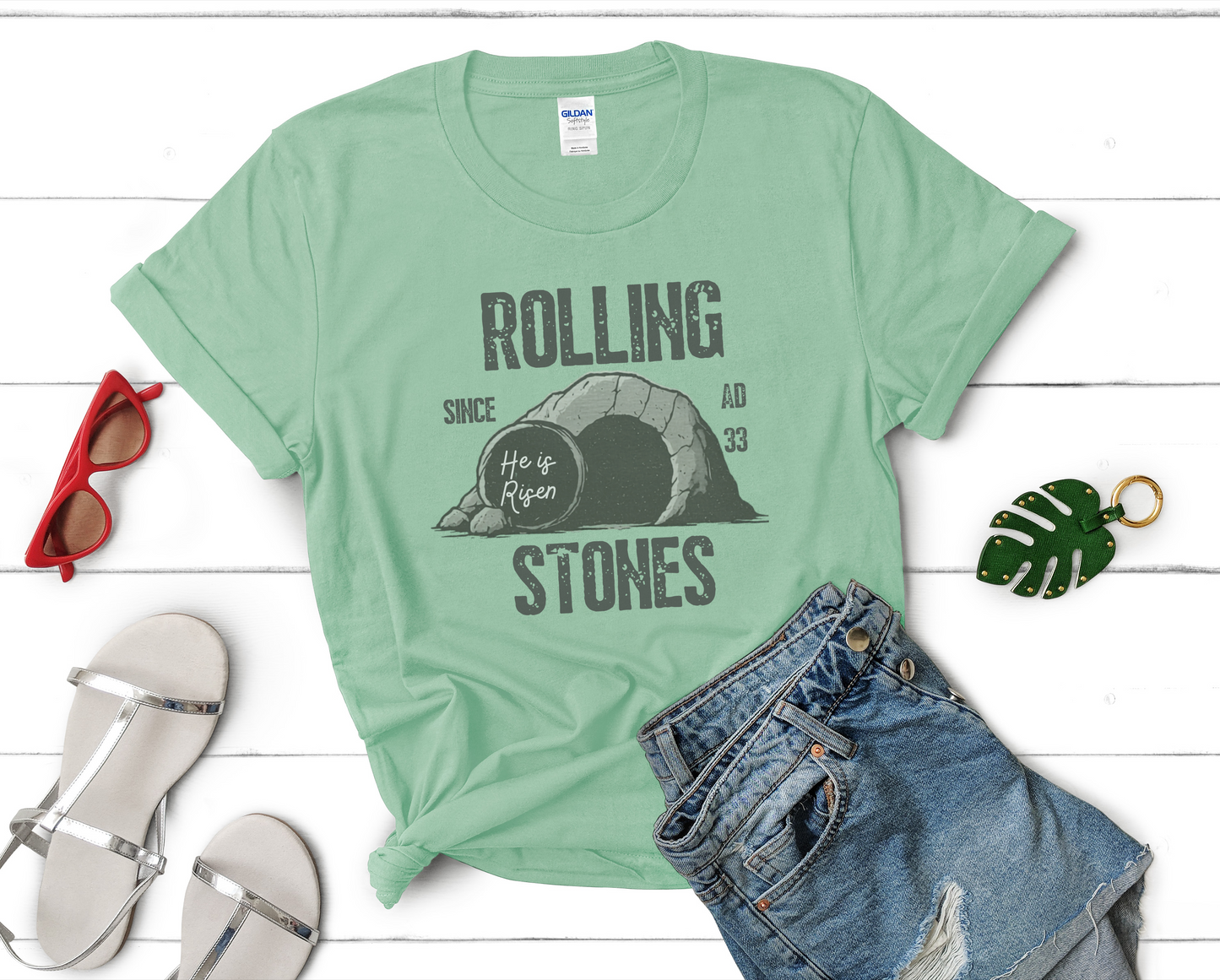 Rolling Stones He is Risen Christian T-Shirt, Religious Easter Gift, Vintage Graphic Tee, Christian Apparel, Funny Religious Shirt
