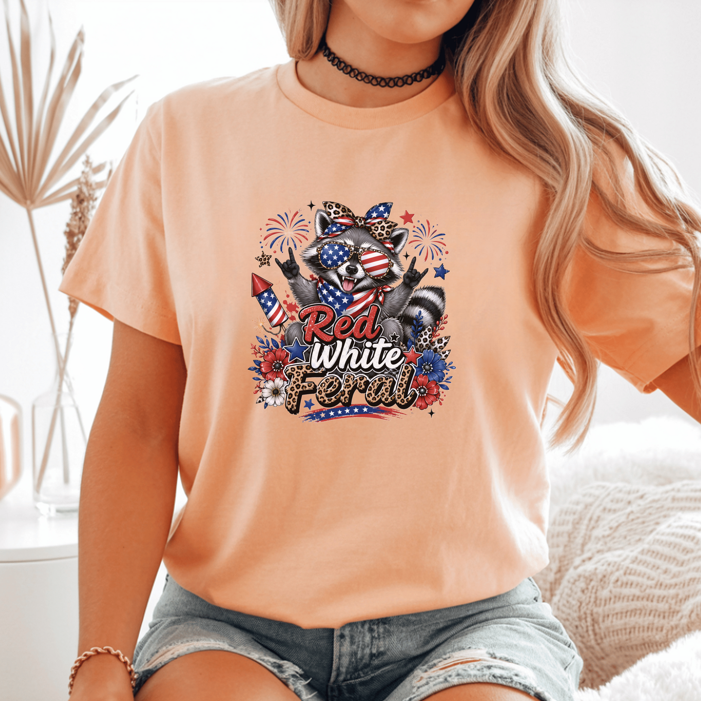 Patriotic Raccoon T-shirt, Red White Feral Graphic Tee, 4th of July Animal Shirt, Customizable Comfort Colors, USA Holiday Apparel Gift