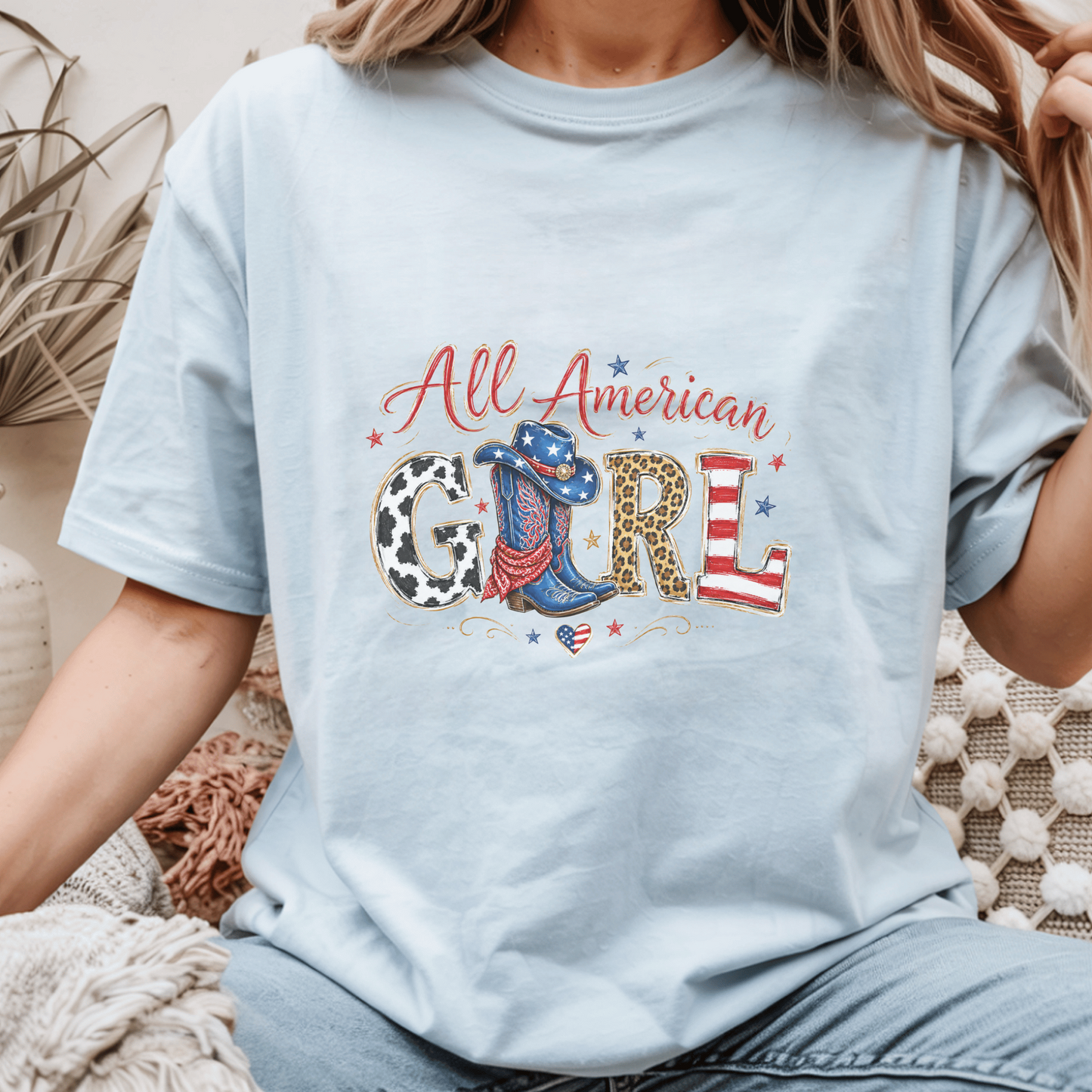 All American Girl T-Shirt, Patriotic Cowboy Boots Tee, USA Themed Gift, Cowgirl Western Style, Women's Graphic Shirt, American Flag Art