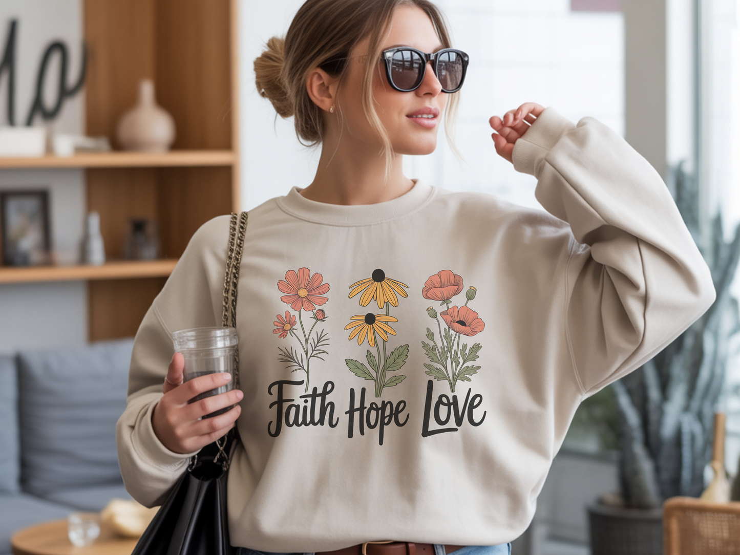 Floral Sweatshirt Gift, Faith Hope Love Design, Cozy Cotton Blend Top, Botanical Print Crewneck, Customizable Apparel, Women Men