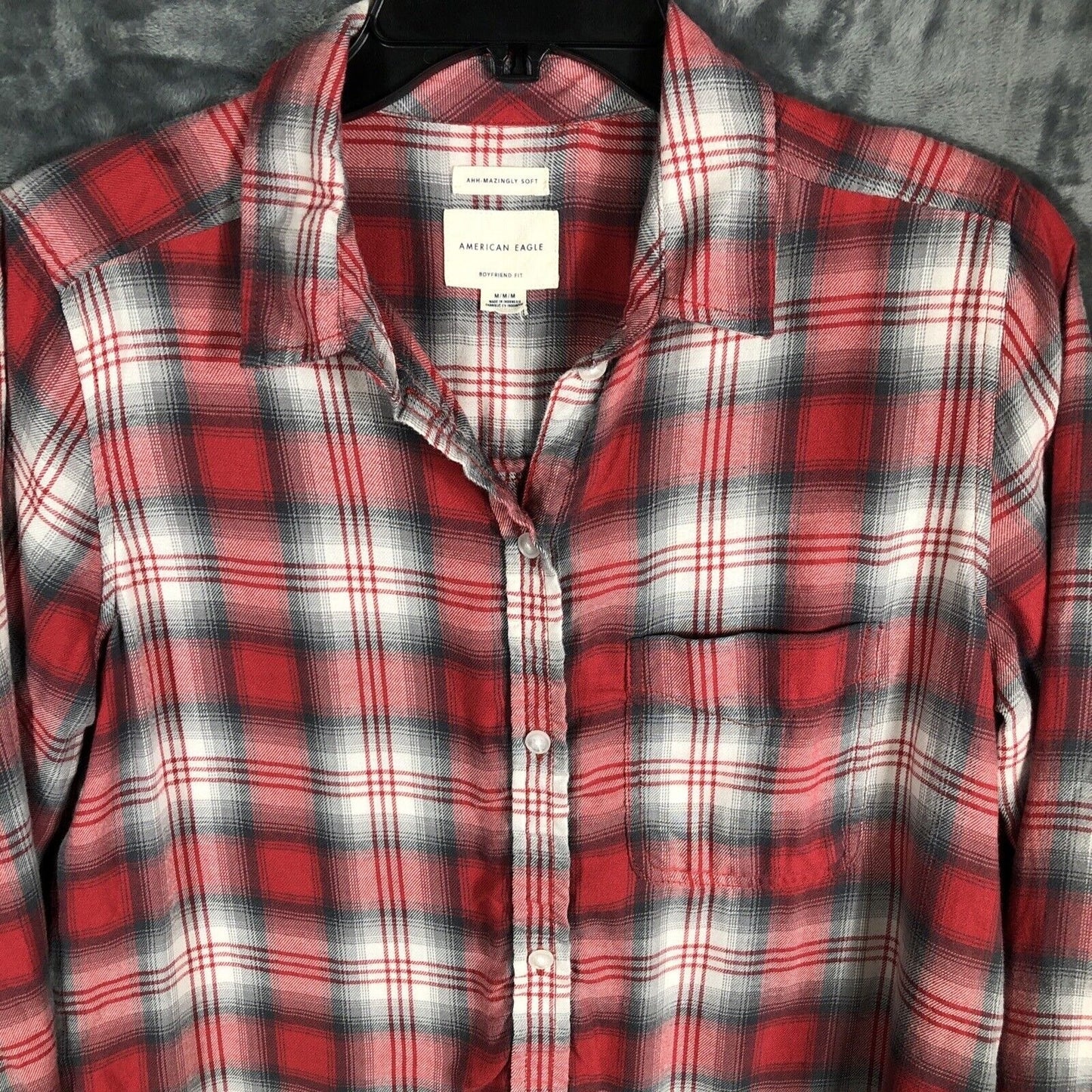 American Eagle Womens Red Plaid Long Sleeve Amazingly Soft Button Up Size M
