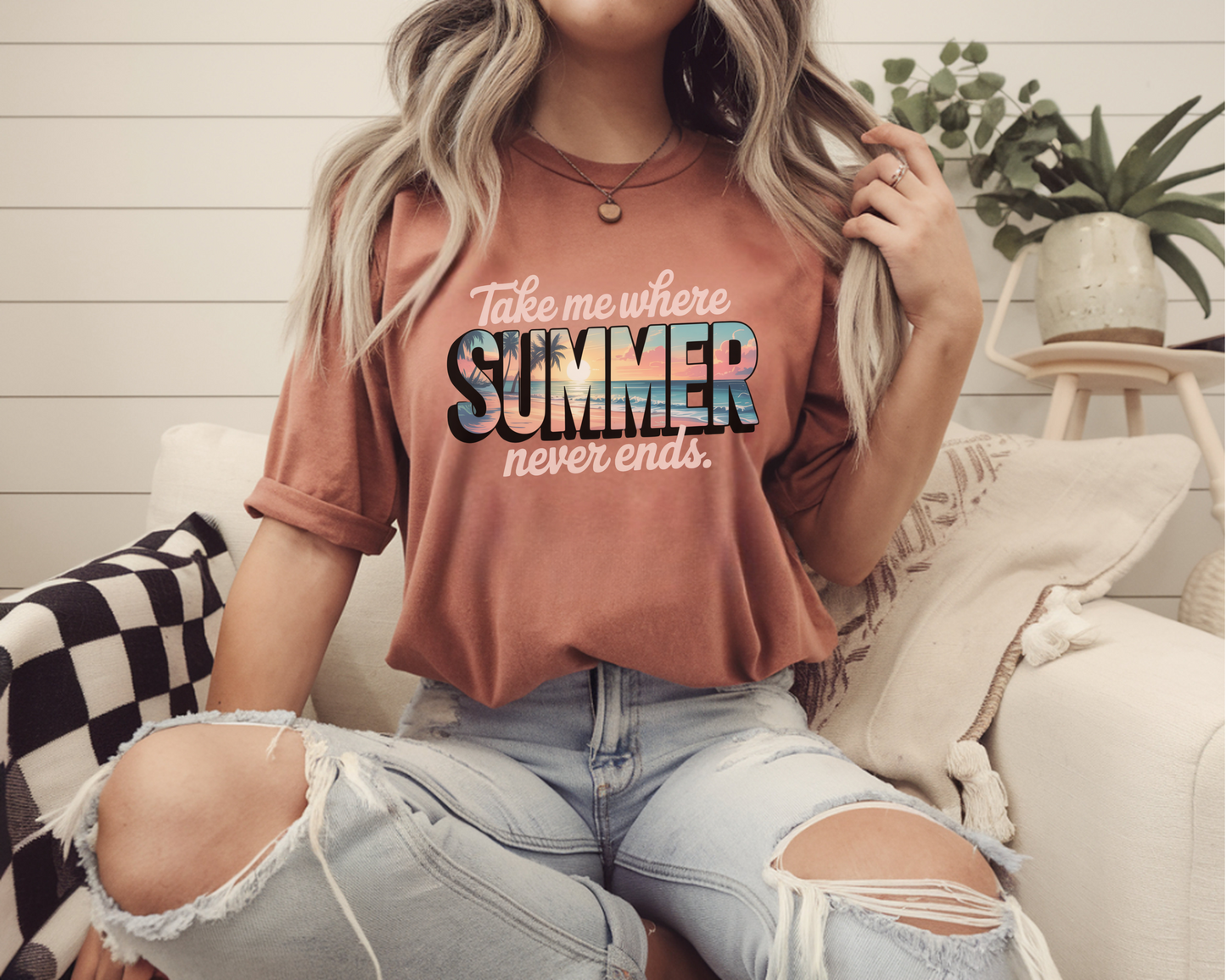 Take Me Where Summer Never Ends T-Shirt, Graphic Tee for Women, Soft Washed Graphic Top, Casual Relaxed Fit Shirt, Summer Beachwear Gift