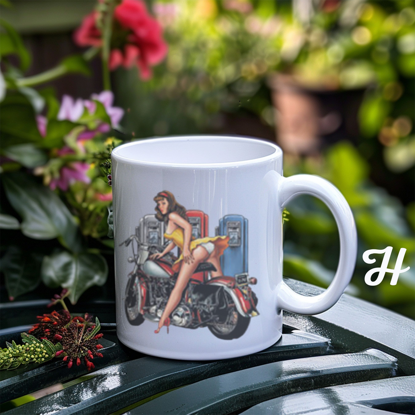 Pin-Up Girl Art Mug, Motorcycle Lover Gift, Retro Style Coffee Mug, Vintage Design Ceramic, 11oz 15oz Personalized Drinkware