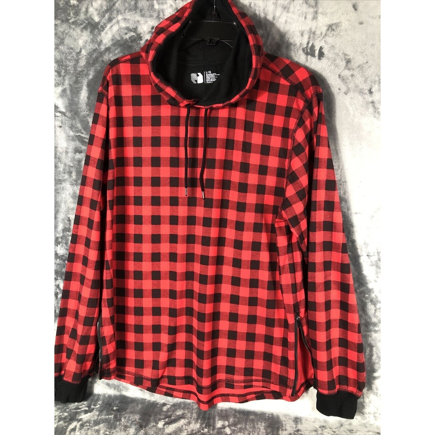Red & Black Plaid Hoodie Men’s Large Long Sleeve With Side Zippers