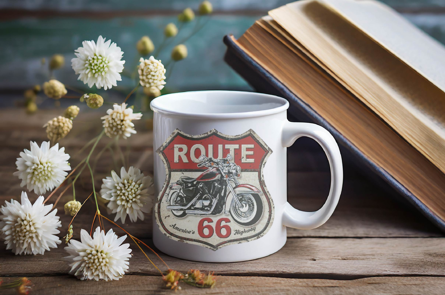 Motorcycle Enthusiast Gift, Route 66 Ceramic Coffee Mug, Americana Road Trip Decor, Personalized Mug for Bikers, Highway Travel Souvenir
