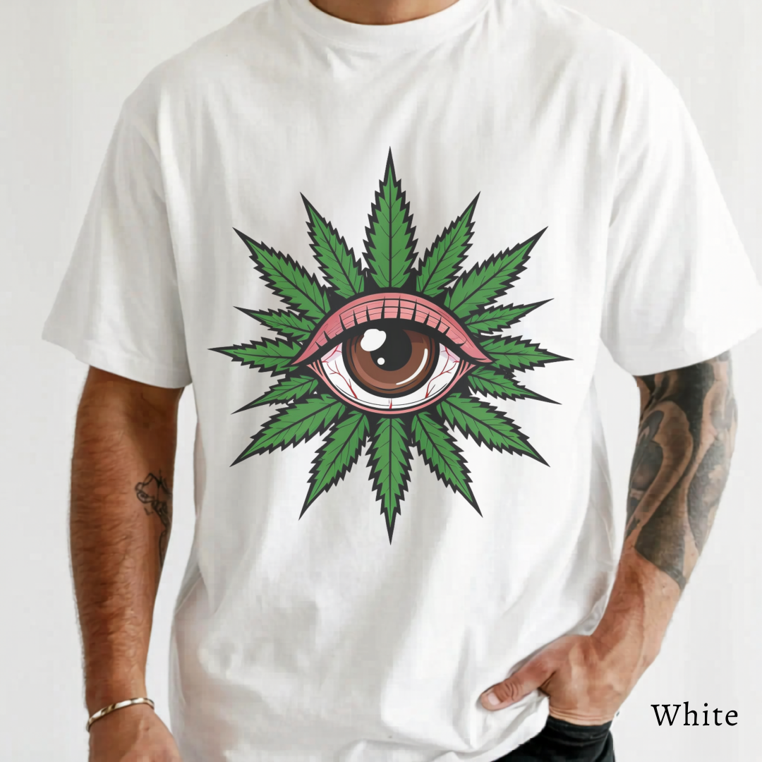 Cannabis Eye Men’s - Woman's T‑Shirt, Weed Leaf Eye Graphic Tee, Psychedelic Botanical Shirt, Trippy Green Art, Modern Streetwear