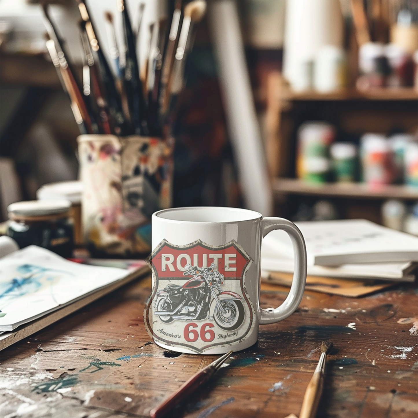Motorcycle Enthusiast Gift, Route 66 Ceramic Coffee Mug, Americana Road Trip Decor, Personalized Mug for Bikers, Highway Travel Souvenir