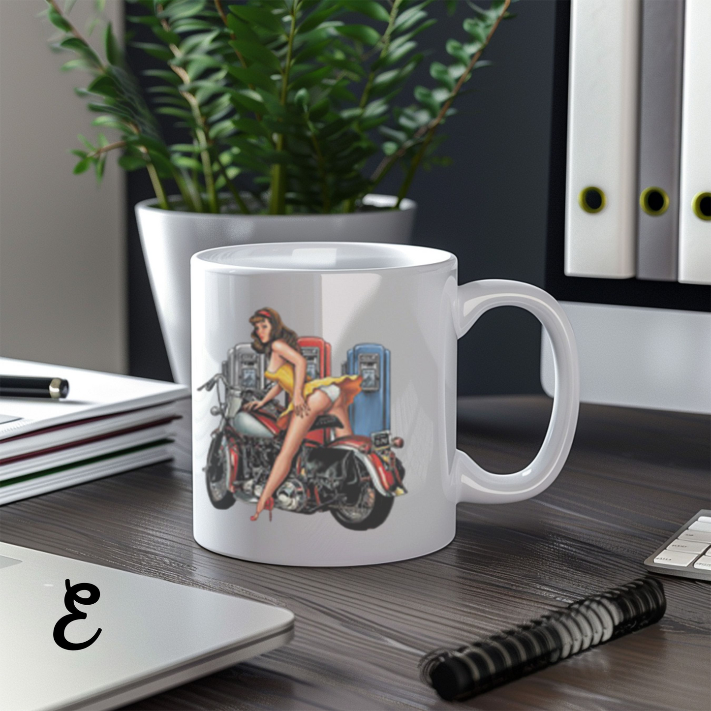Pin-Up Girl Art Mug, Motorcycle Lover Gift, Retro Style Coffee Mug, Vintage Design Ceramic, 11oz 15oz Personalized Drinkware