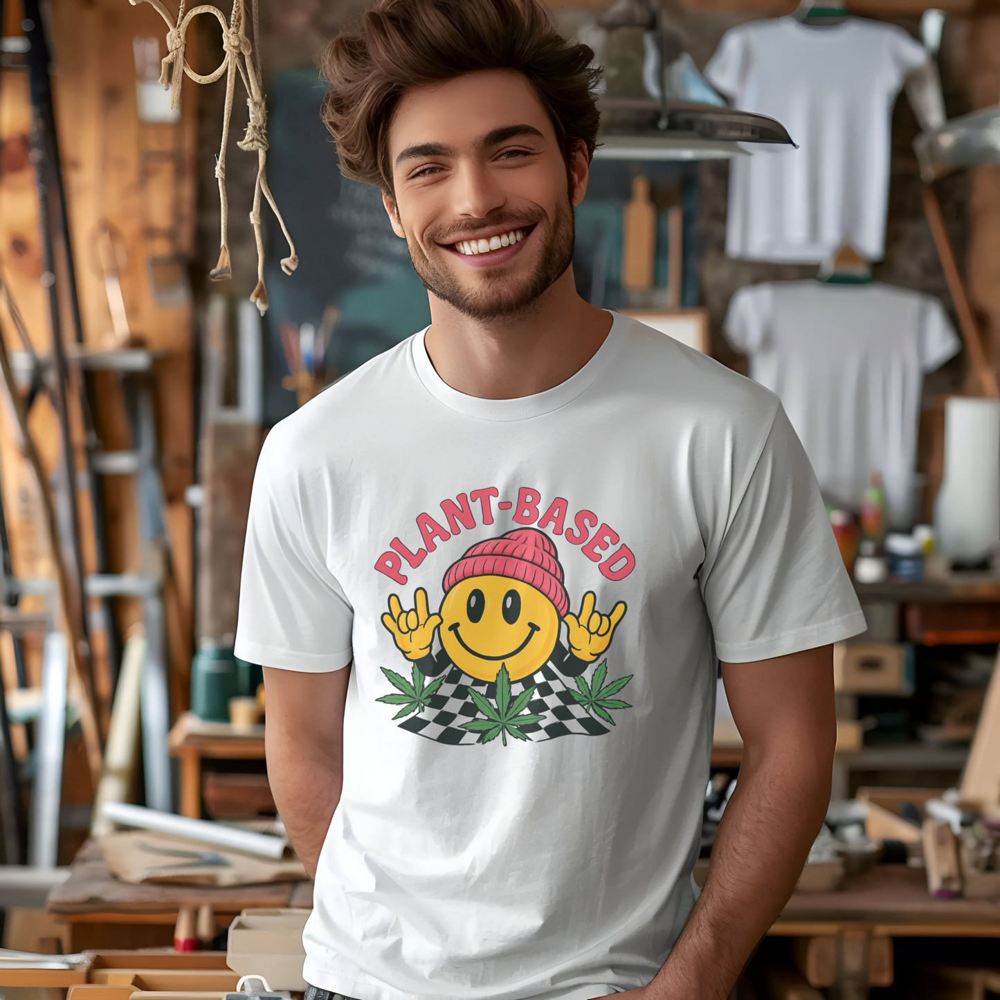 Plant Based Weed T Shirt | Marijuana Leaf Smiley :) Bong Hat | Hippie Unisex Graphic Tee