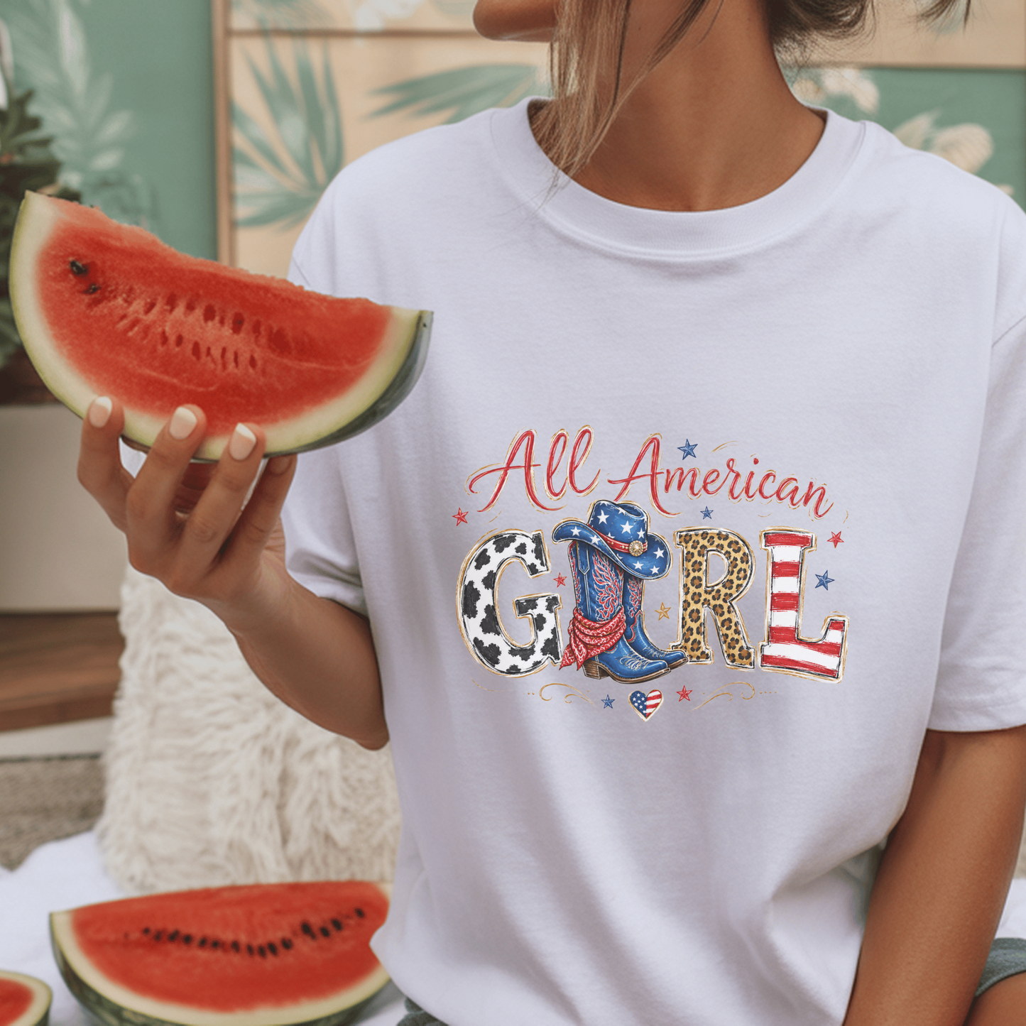 All American Girl T-Shirt, Patriotic Cowboy Boots Tee, USA Themed Gift, Cowgirl Western Style, Women's Graphic Shirt, American Flag Art