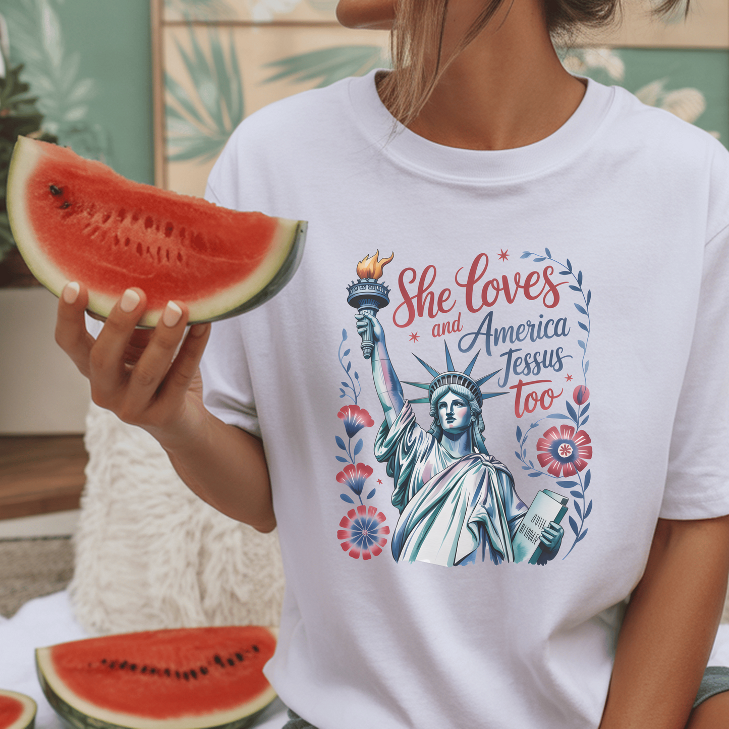 Patriotic T-Shirt, She Loves America Design, Gift for Her, Statue of Liberty Tee, Custom Graphic Shirt, USA-Themed Apparel