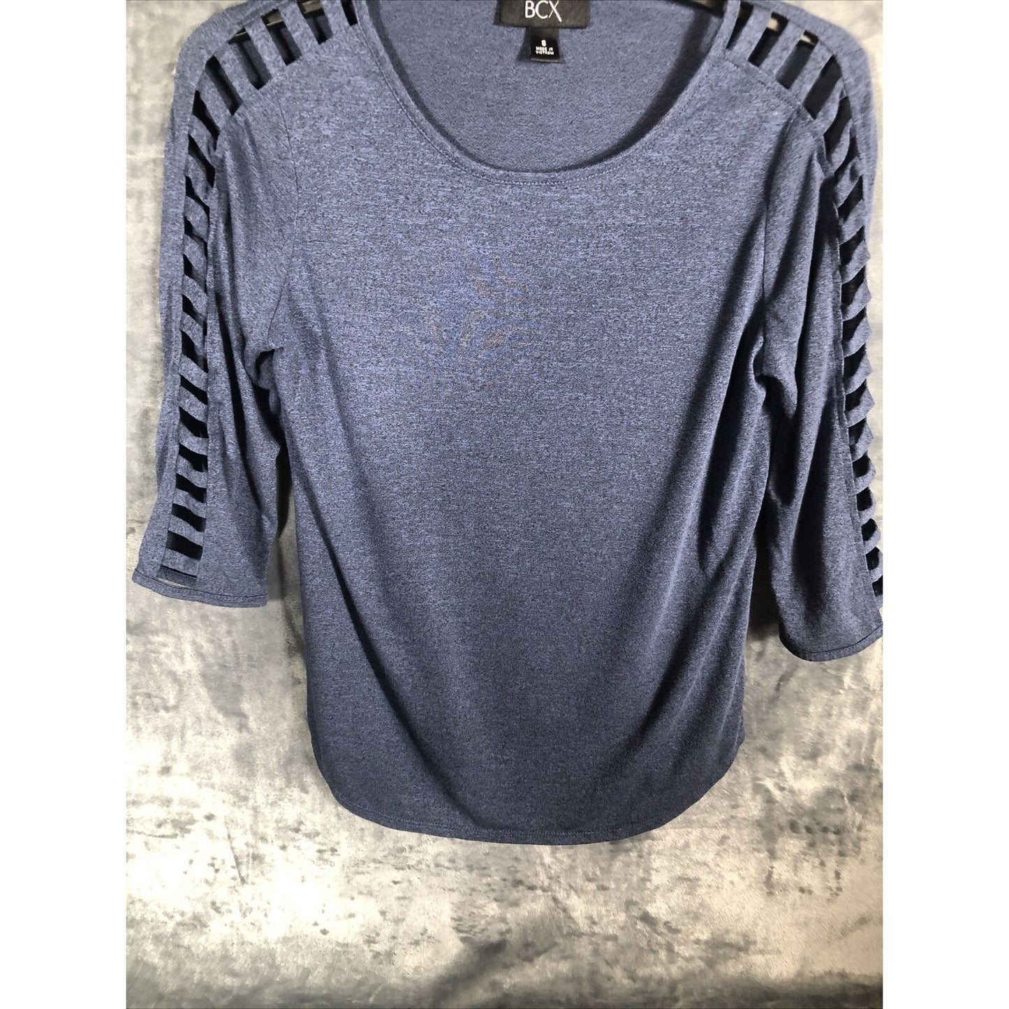 BCX Shirt Woman’s Blouse Lattice Cut Out Sleeves Size Adult Small Slate Blue