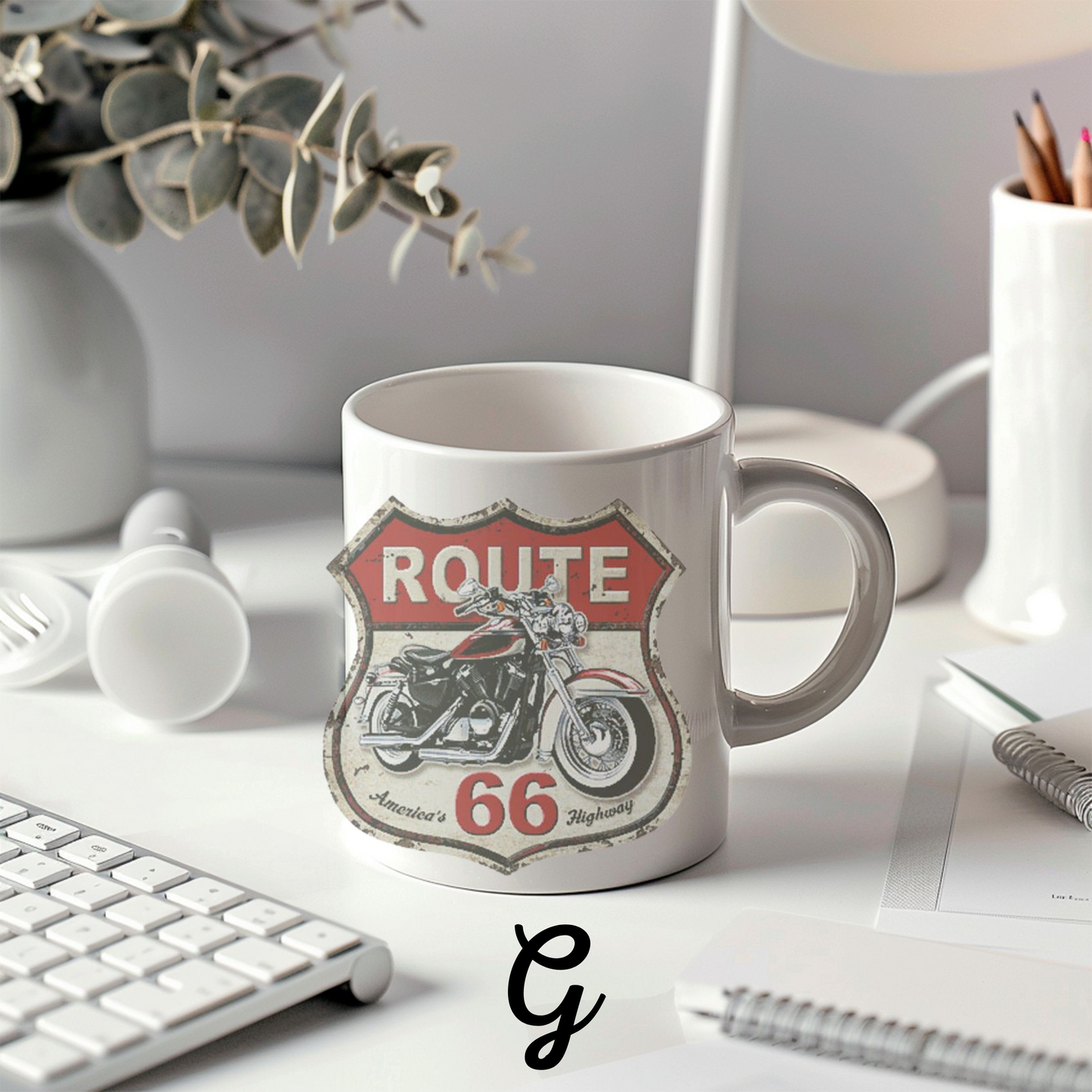Motorcycle Enthusiast Gift, Route 66 Ceramic Coffee Mug, Americana Road Trip Decor, Personalized Mug for Bikers, Highway Travel Souvenir