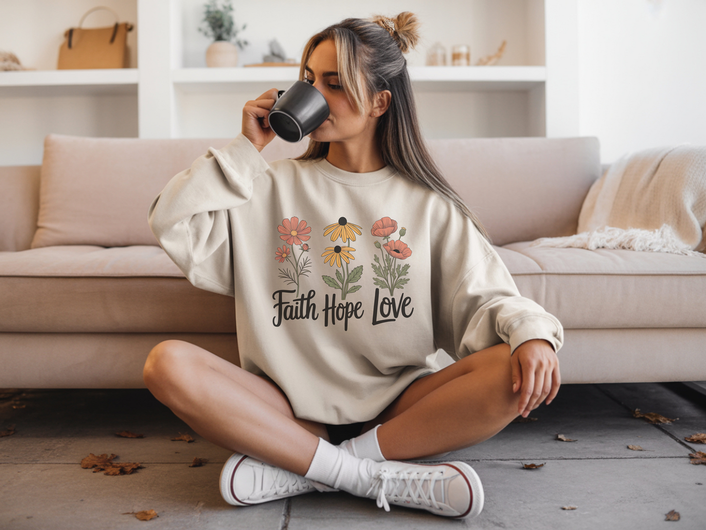 Floral Sweatshirt Gift, Faith Hope Love Design, Cozy Cotton Blend Top, Botanical Print Crewneck, Customizable Apparel, Women Men