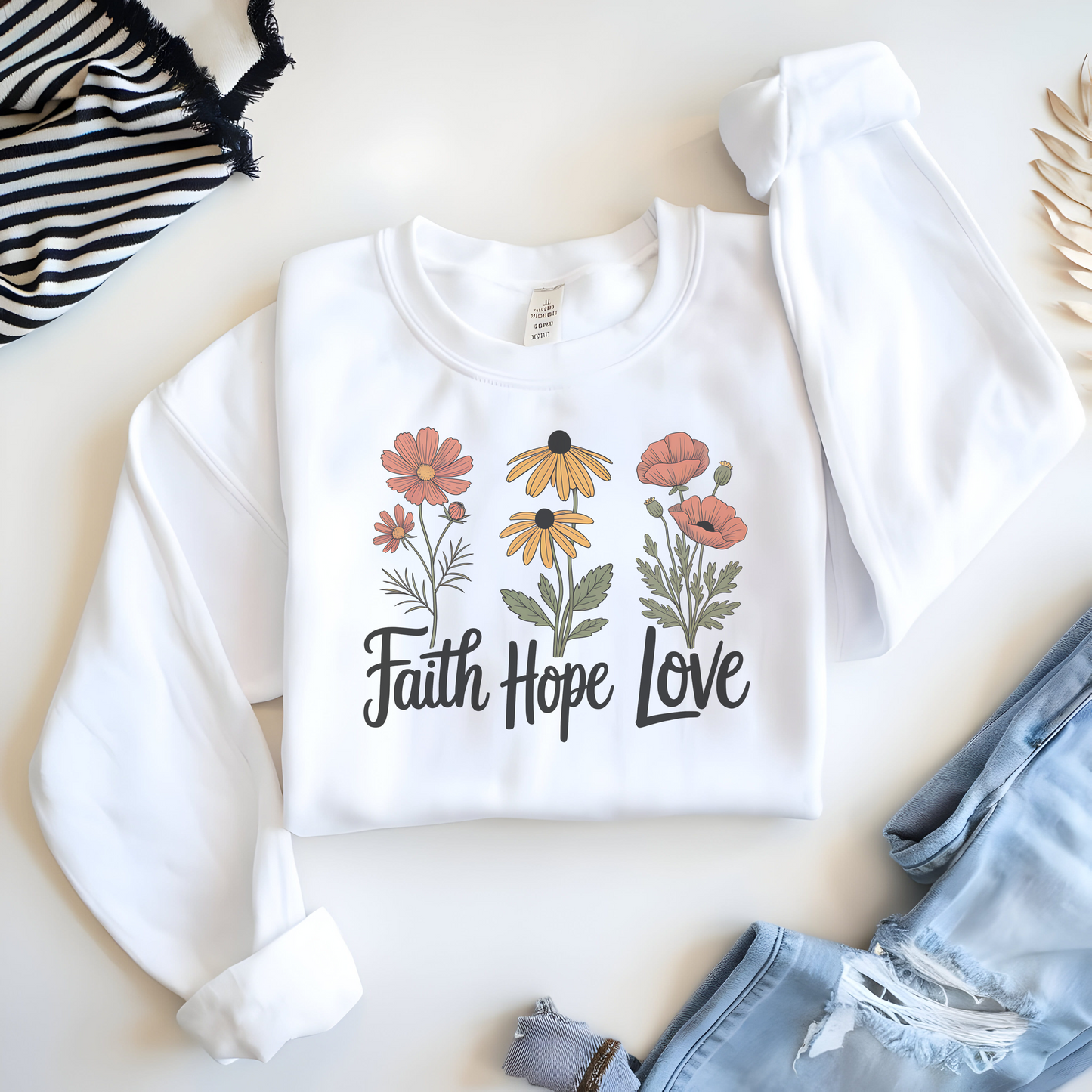 Floral Sweatshirt Gift, Faith Hope Love Design, Cozy Cotton Blend Top, Botanical Print Crewneck, Customizable Apparel, Women Men