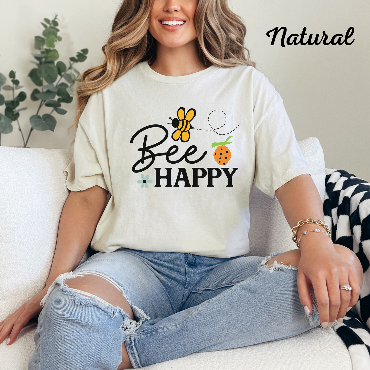 Bee Happy Graphic Tee, Inspirational T-Shirt, Cute Bee Design, Positive Vibes Shirt, Casual Summer Top, Gift for Her, Fun Ladybug Print