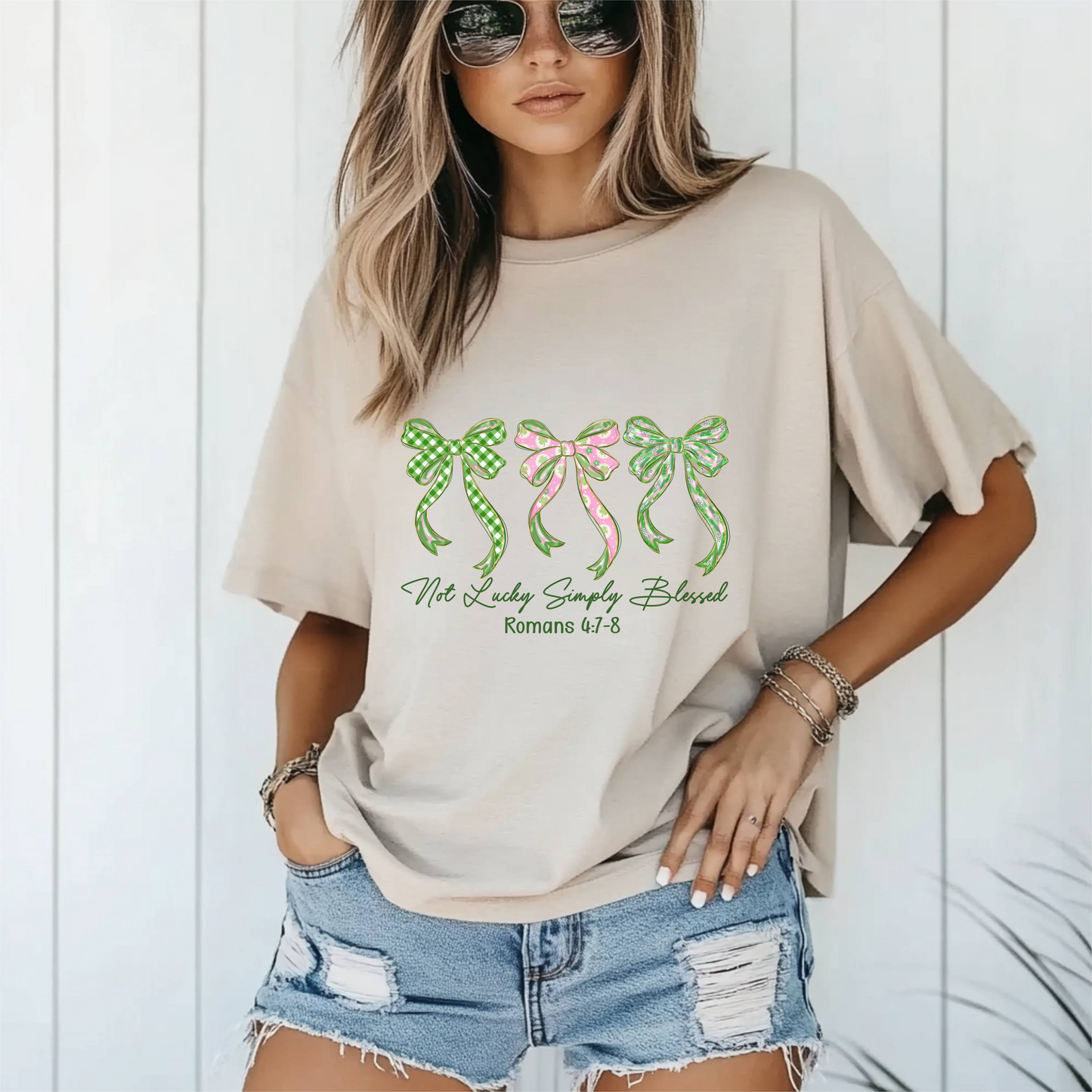 Christian Faith Shirt, Not Lucky Simply Blessed Tee, Religious Gift, Bible Verse Tee, Inspirational Bow Graphic, Romans 4:7-8 T-Shirt