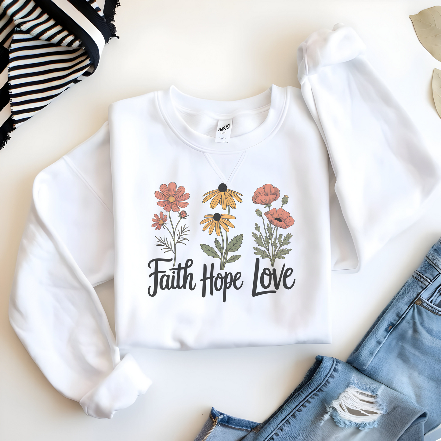 Floral Sweatshirt Gift, Faith Hope Love Design, Cozy Cotton Blend Top, Botanical Print Crewneck, Customizable Apparel, Women Men