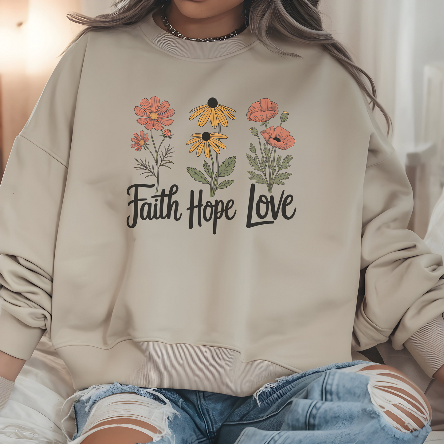 Floral Sweatshirt Gift, Faith Hope Love Design, Cozy Cotton Blend Top, Botanical Print Crewneck, Customizable Apparel, Women Men