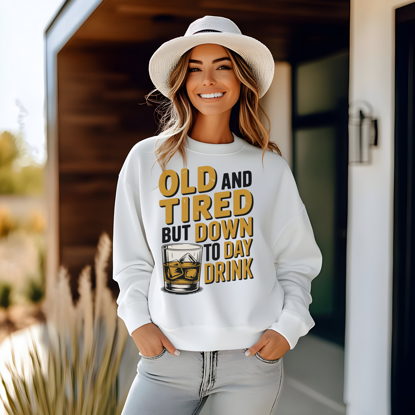 Old and Tired but Down to Day Drink Sweatshirt • Funny Drinking Shirt • Adult Humor Pullover • Party Graphic Sweatshirt • Cozy Unisex Gift