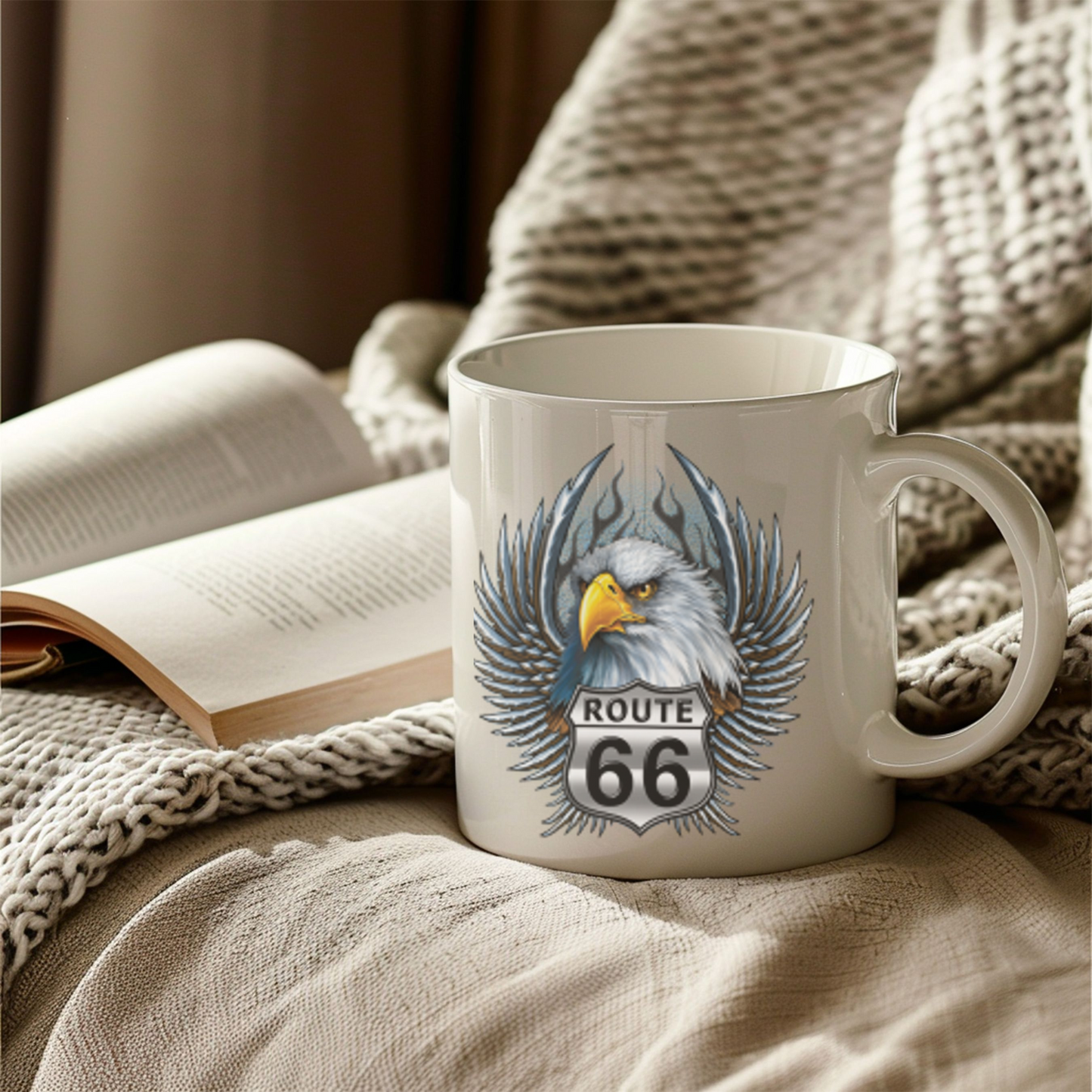 Eagle Route 66 Mug, Vintage Americana Gift, Ceramic Coffee Mug, Personalized Travel Mug, Road Trip Souvenir, 11oz 15oz
