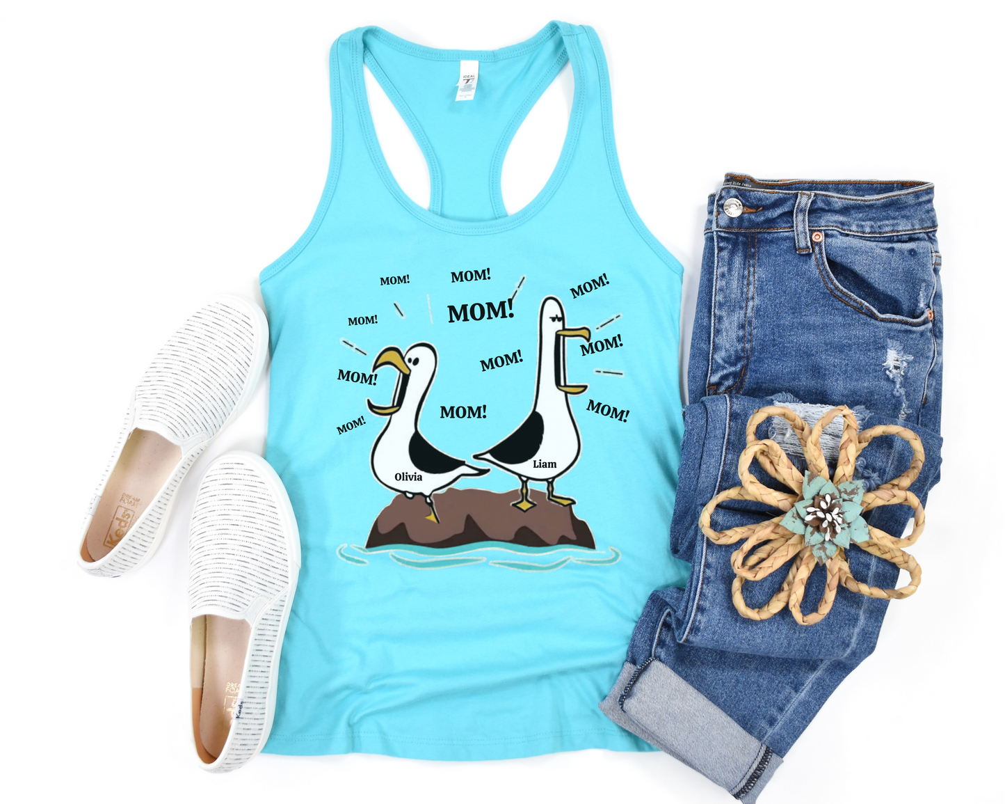Funny Seagull Racerback Tank Top, Personalized Name Tank, Cute Mom Gift, Lightweight Comfy Top, Ideal for Summer, Casual Wear
