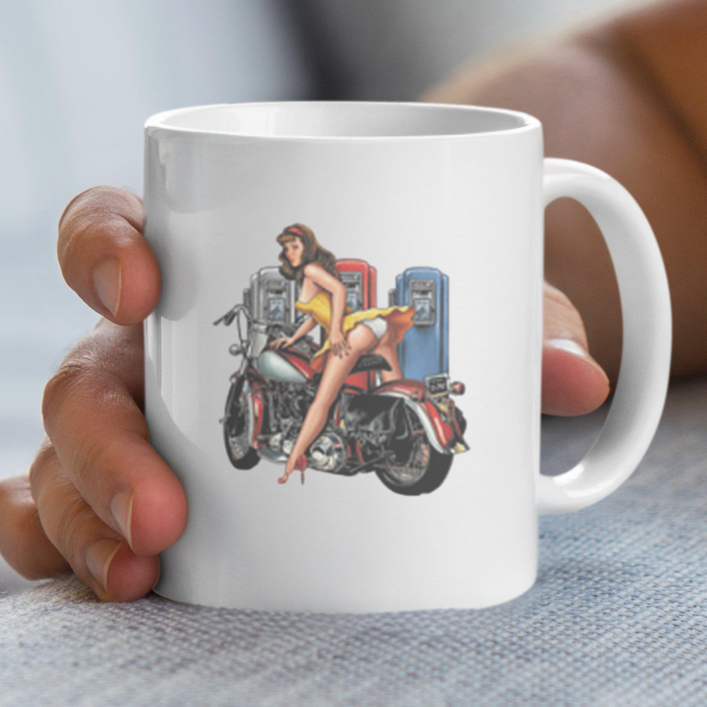 Pin-Up Girl Art Mug, Motorcycle Lover Gift, Retro Style Coffee Mug, Vintage Design Ceramic, 11oz 15oz Personalized Drinkware