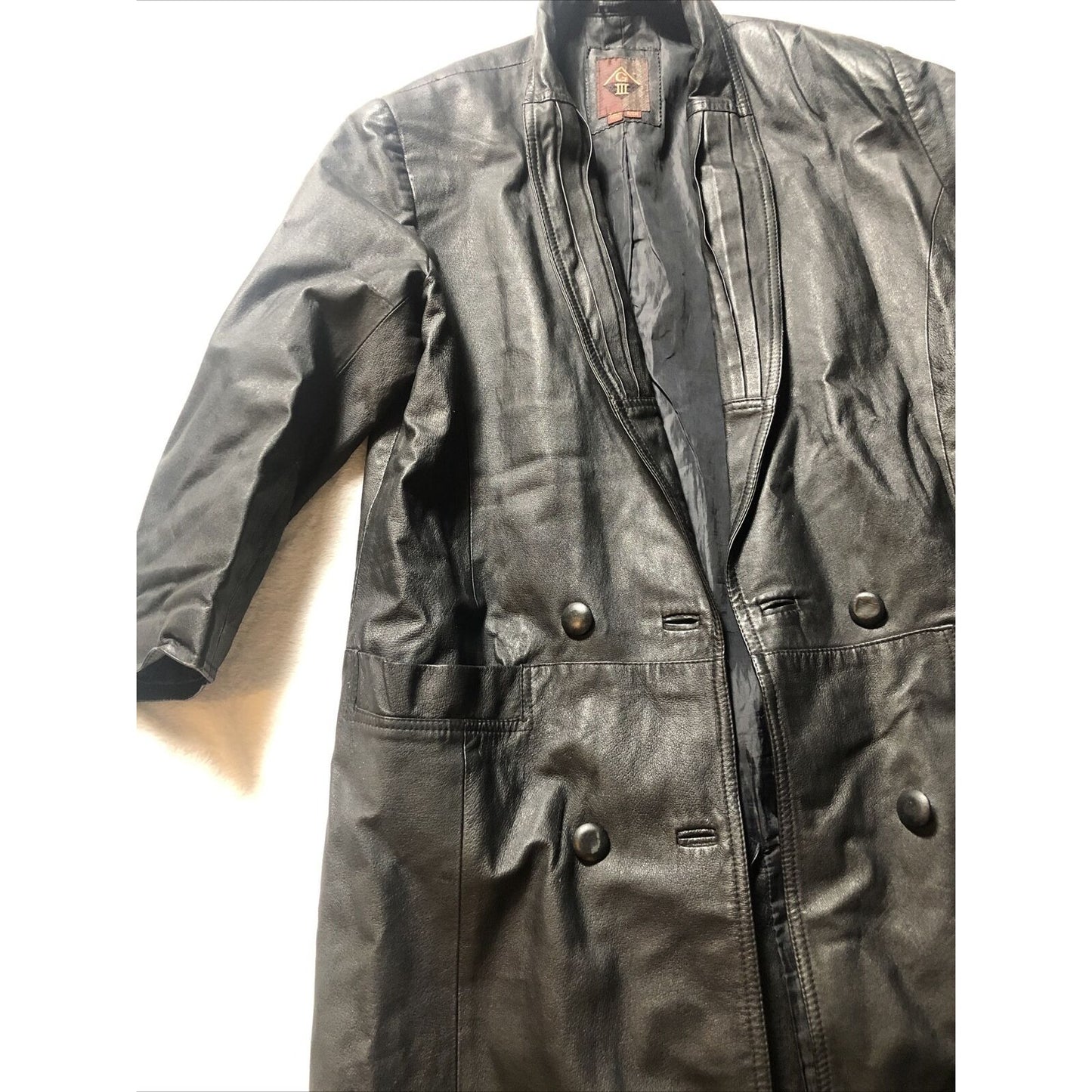 Vintage 80's G-III Black Leather Long Trench Coat Women's Small Long