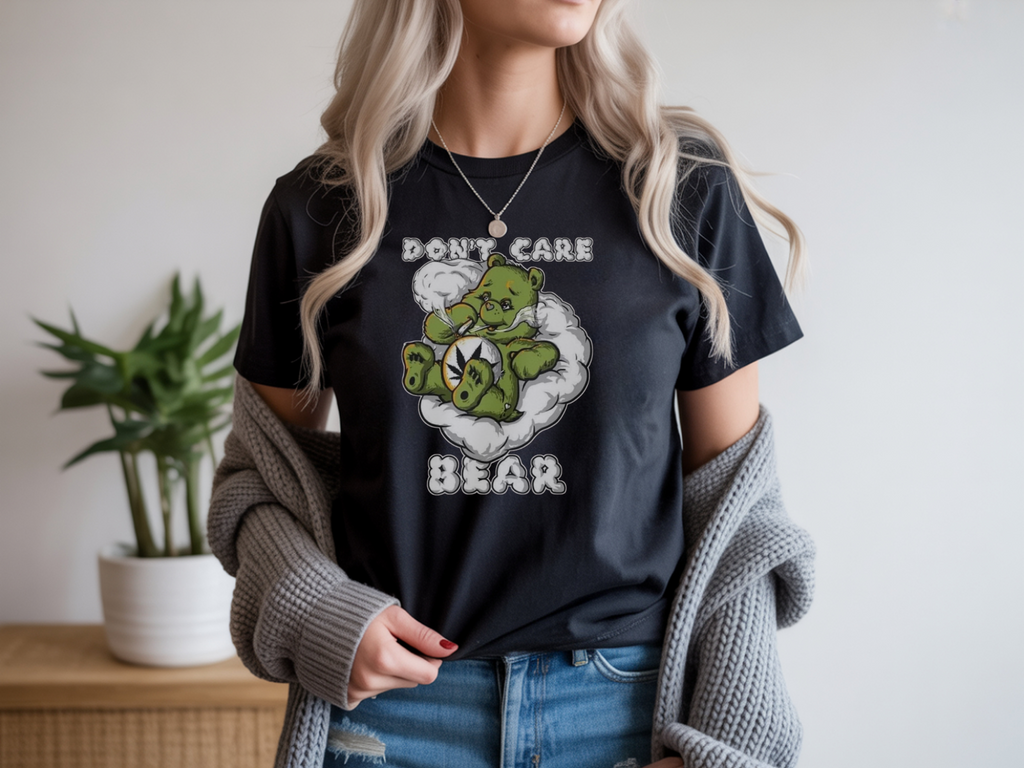 Stoner Humor Tee, Don't Care Bear T-Shirt, Funny USA Graphic Tee, Cool Black Shirt, Biker Gift, Parody Quote Shirt