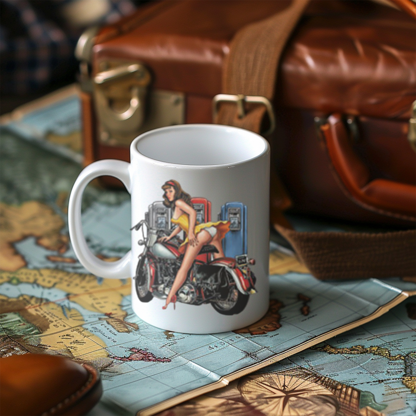 Pin-Up Girl Art Mug, Motorcycle Lover Gift, Retro Style Coffee Mug, Vintage Design Ceramic, 11oz 15oz Personalized Drinkware