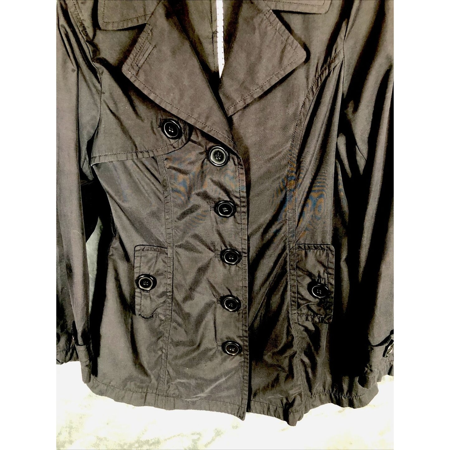 Joujou Ladies Black Trench Coat, Size ￼Lightweight Button Down Missing ￼Belt