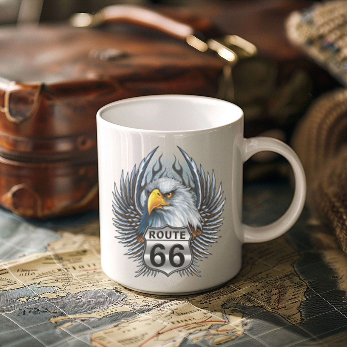 Eagle Route 66 Mug, Vintage Americana Gift, Ceramic Coffee Mug, Personalized Travel Mug, Road Trip Souvenir, 11oz 15oz