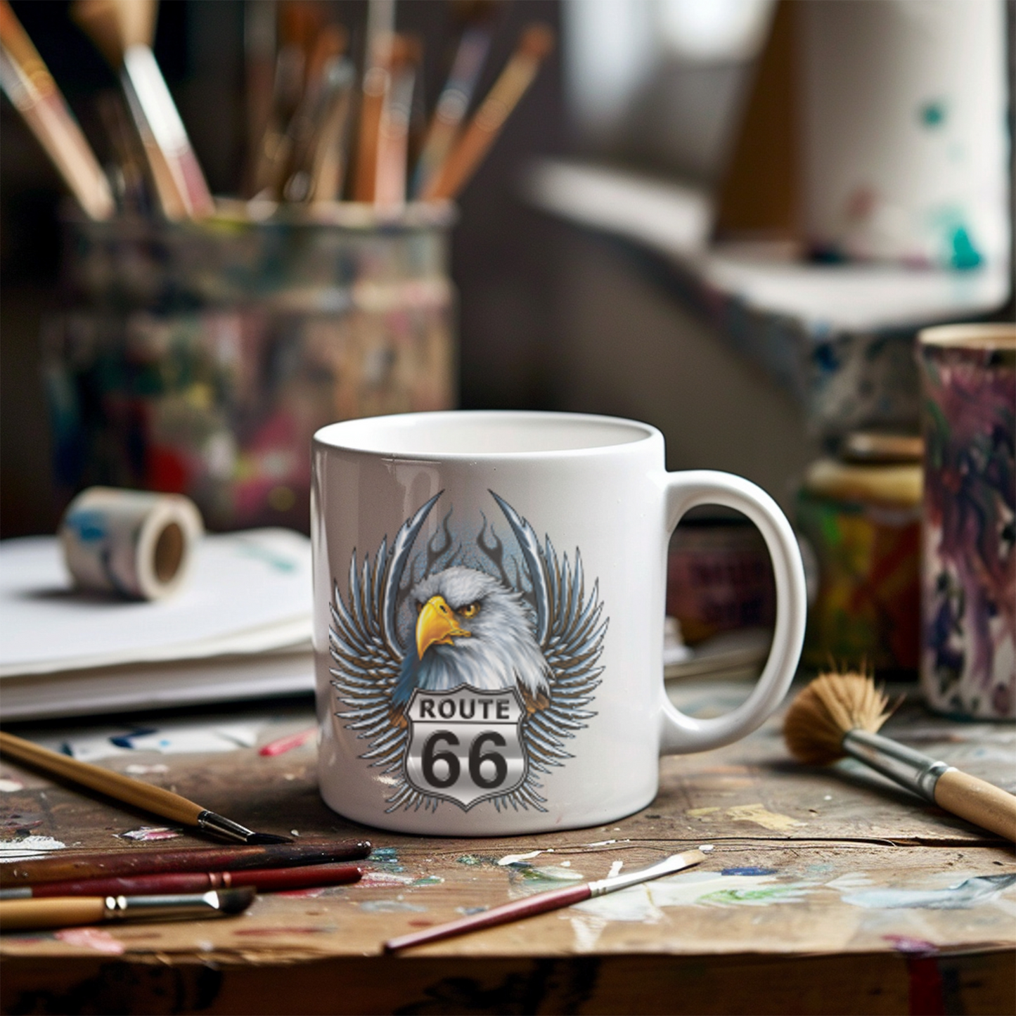 Eagle Route 66 Mug, Vintage Americana Gift, Ceramic Coffee Mug, Personalized Travel Mug, Road Trip Souvenir, 11oz 15oz