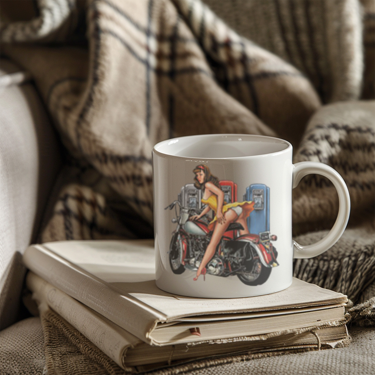 Pin-Up Girl Art Mug, Motorcycle Lover Gift, Retro Style Coffee Mug, Vintage Design Ceramic, 11oz 15oz Personalized Drinkware