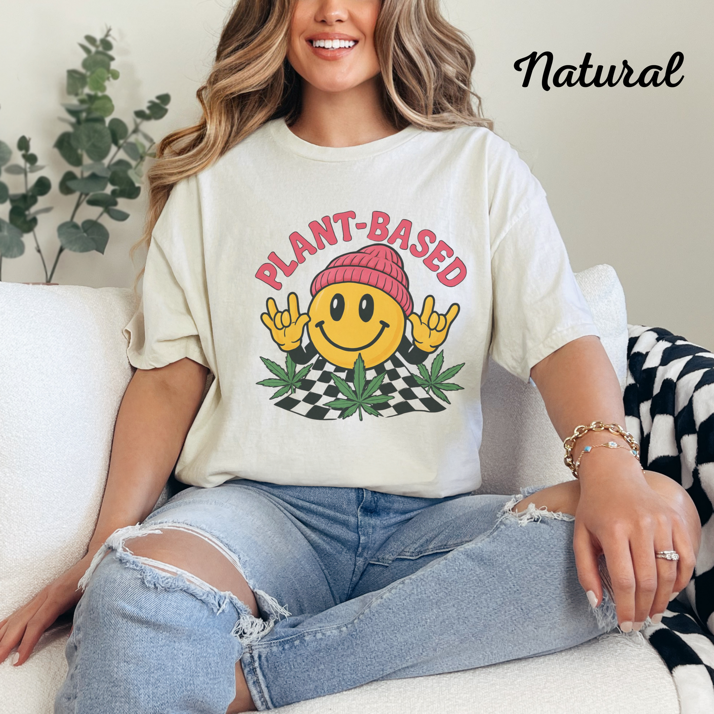 Plant Based Weed T Shirt | Marijuana Leaf Smiley :) Bong Hat | Hippie Unisex Graphic Tee