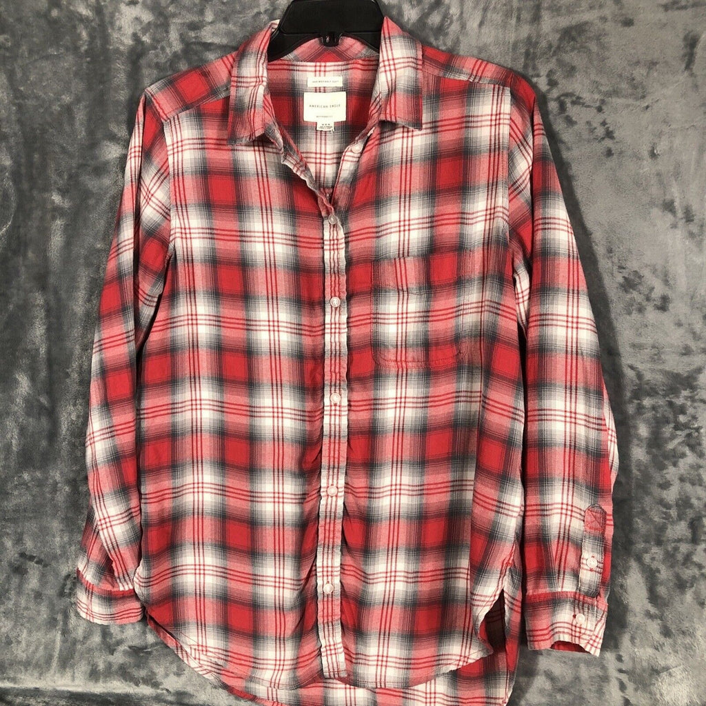 American Eagle Womens Red Plaid Long Sleeve Amazingly Soft Button Up Size M