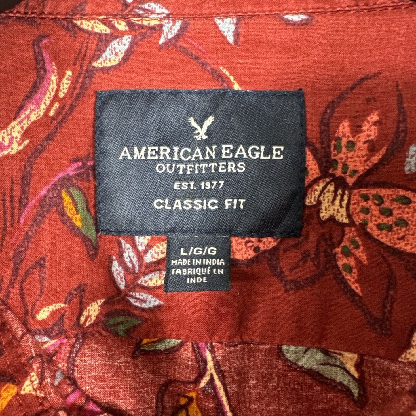 MENS AE AMERICAN EAGLE HAWAIIN TROPICAL SHIRT L ARGE COTTON BUTTON DOWN RED