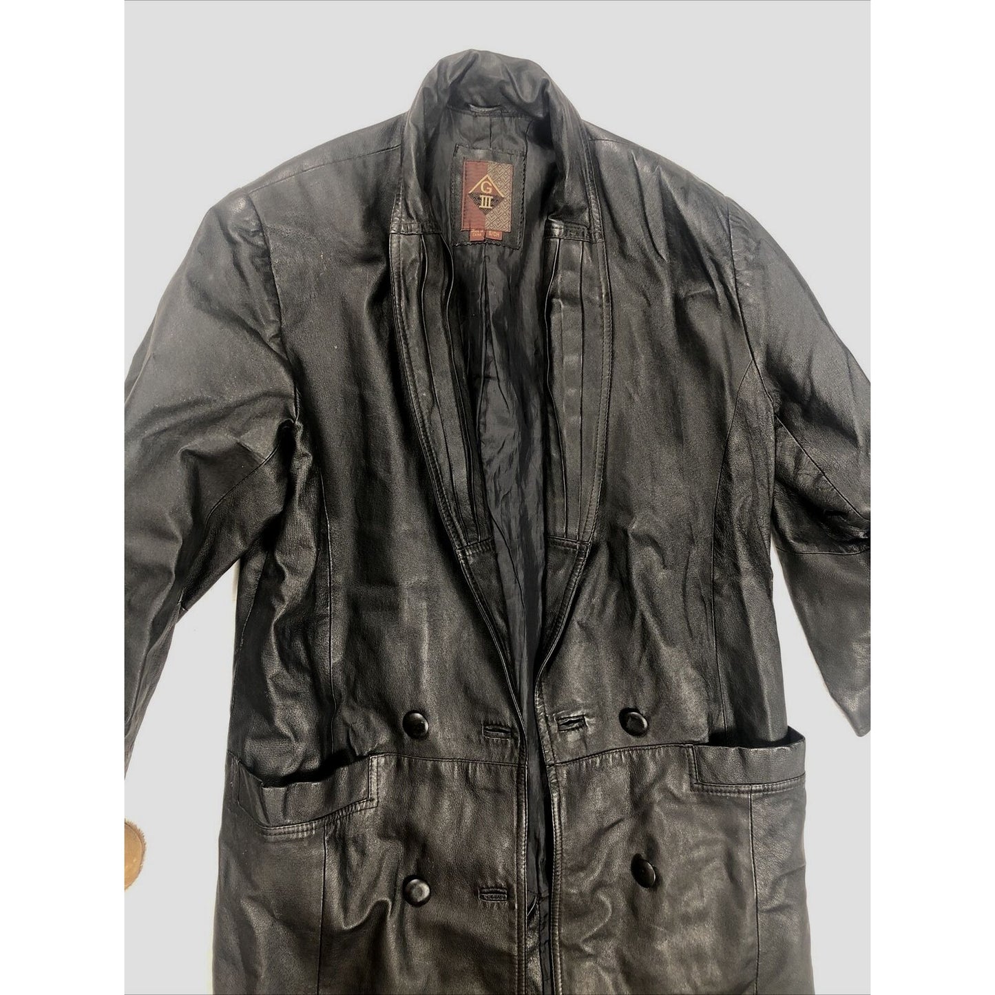 Vintage 80's G-III Black Leather Long Trench Coat Women's Small Long
