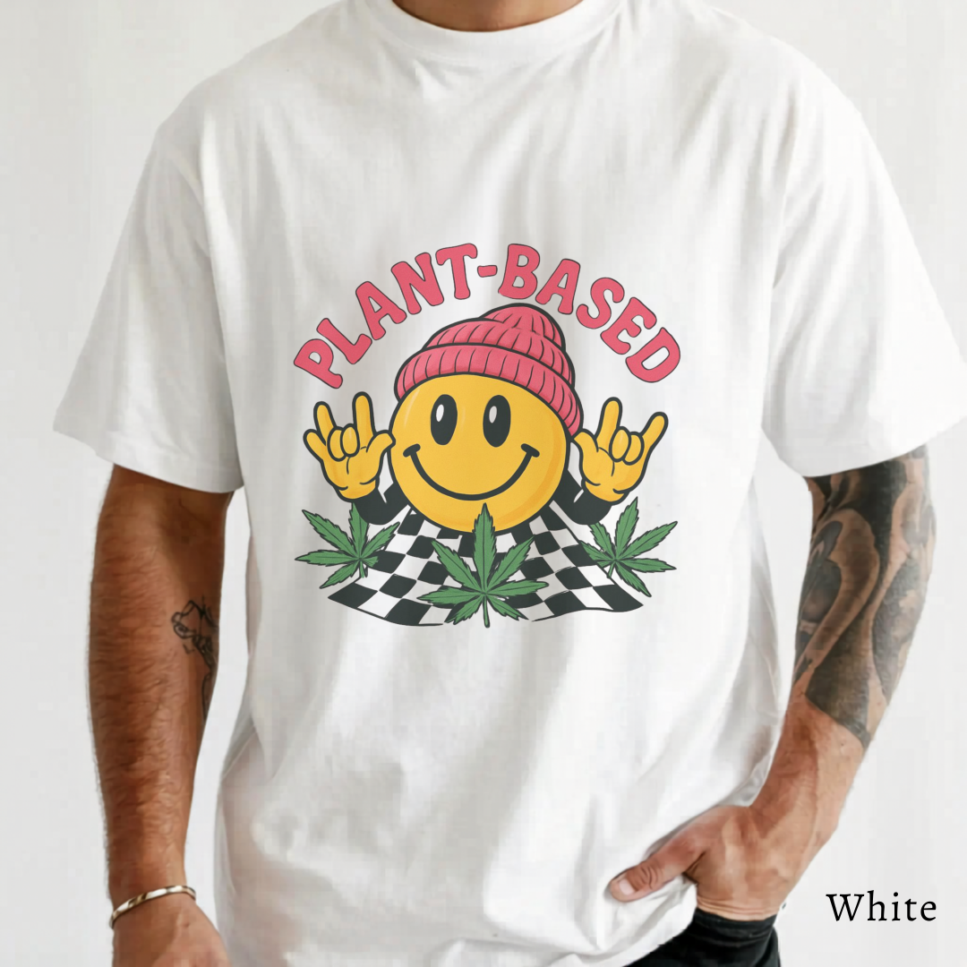 Plant Based Weed T Shirt | Marijuana Leaf Smiley :) Bong Hat | Hippie Unisex Graphic Tee