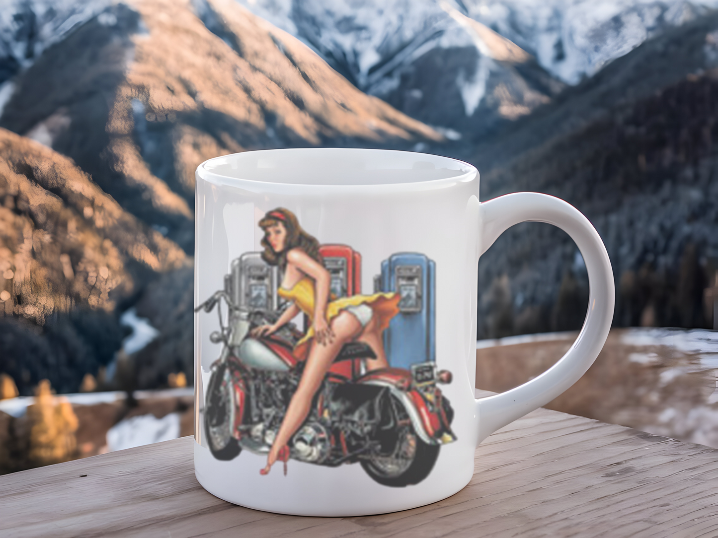 Pin-Up Girl Art Mug, Motorcycle Lover Gift, Retro Style Coffee Mug, Vintage Design Ceramic, 11oz 15oz Personalized Drinkware