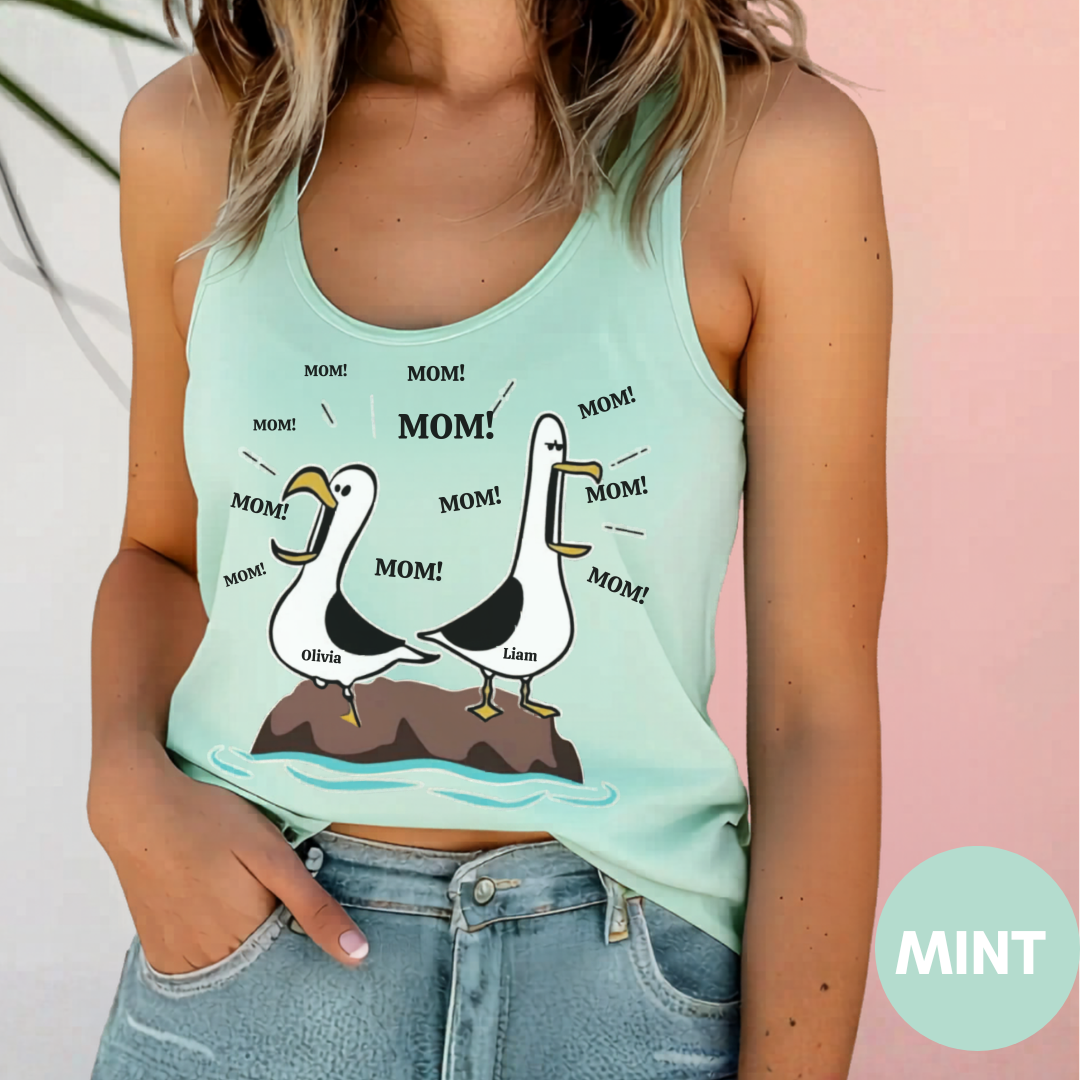 Funny Seagull Racerback Tank Top, Personalized Name Tank, Cute Mom Gift, Lightweight Comfy Top, Ideal for Summer, Casual Wear