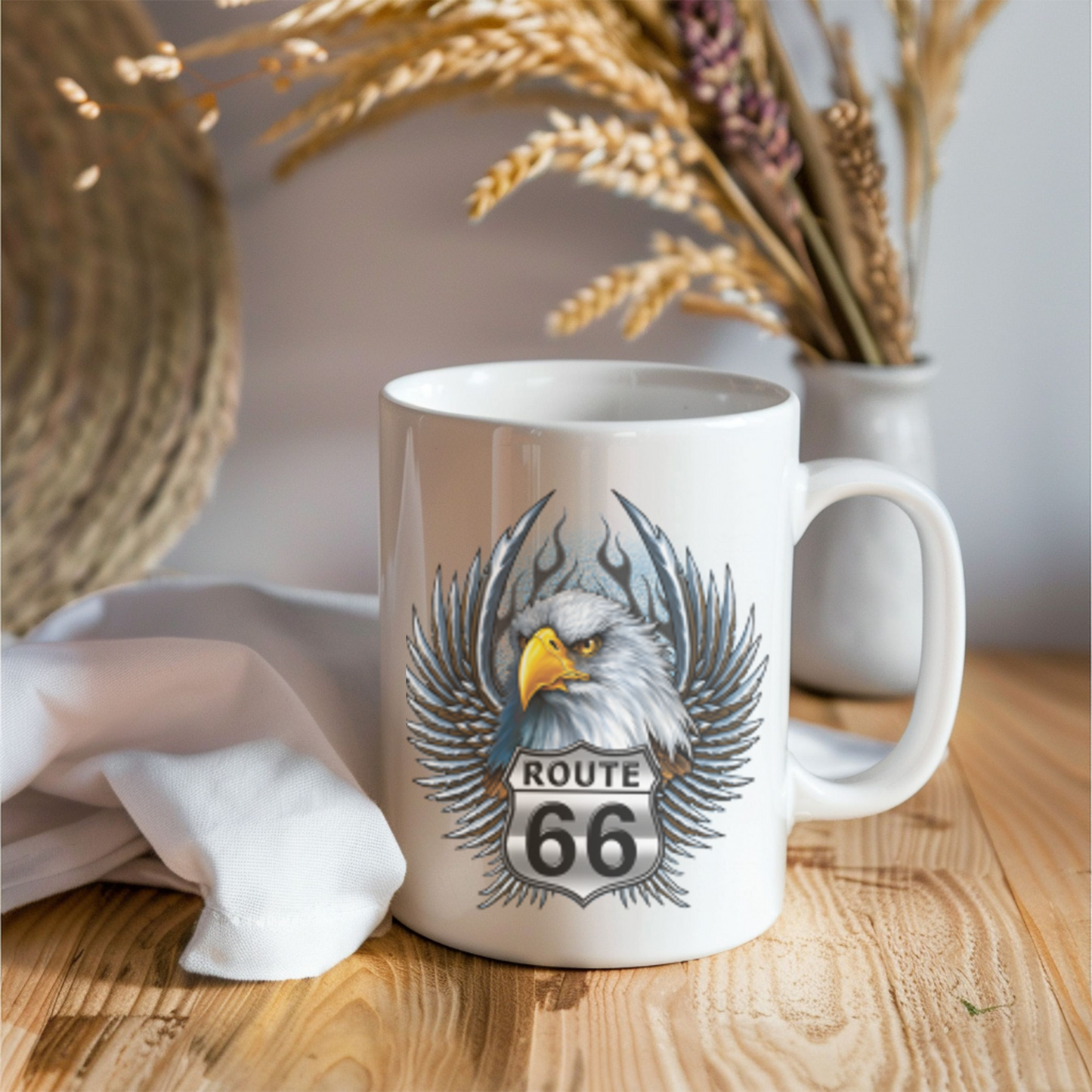 Eagle Route 66 Mug, Vintage Americana Gift, Ceramic Coffee Mug, Personalized Travel Mug, Road Trip Souvenir, 11oz 15oz