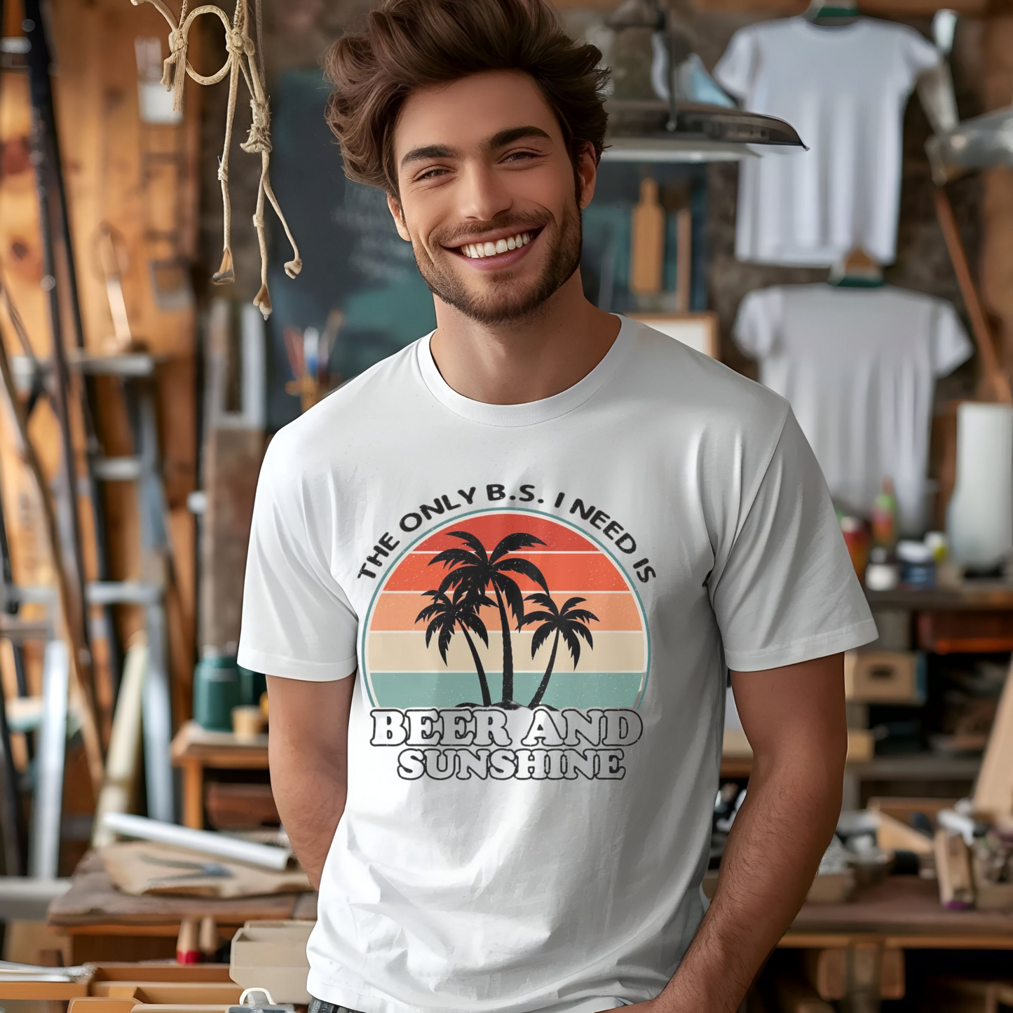 Beer and Sunshine T-Shirt, Funny Summer Graphic Tee, Vintage Beach Shirt, Palm Tree Design, Gift for Him, Relaxed Fit, Men's Casual Apparel