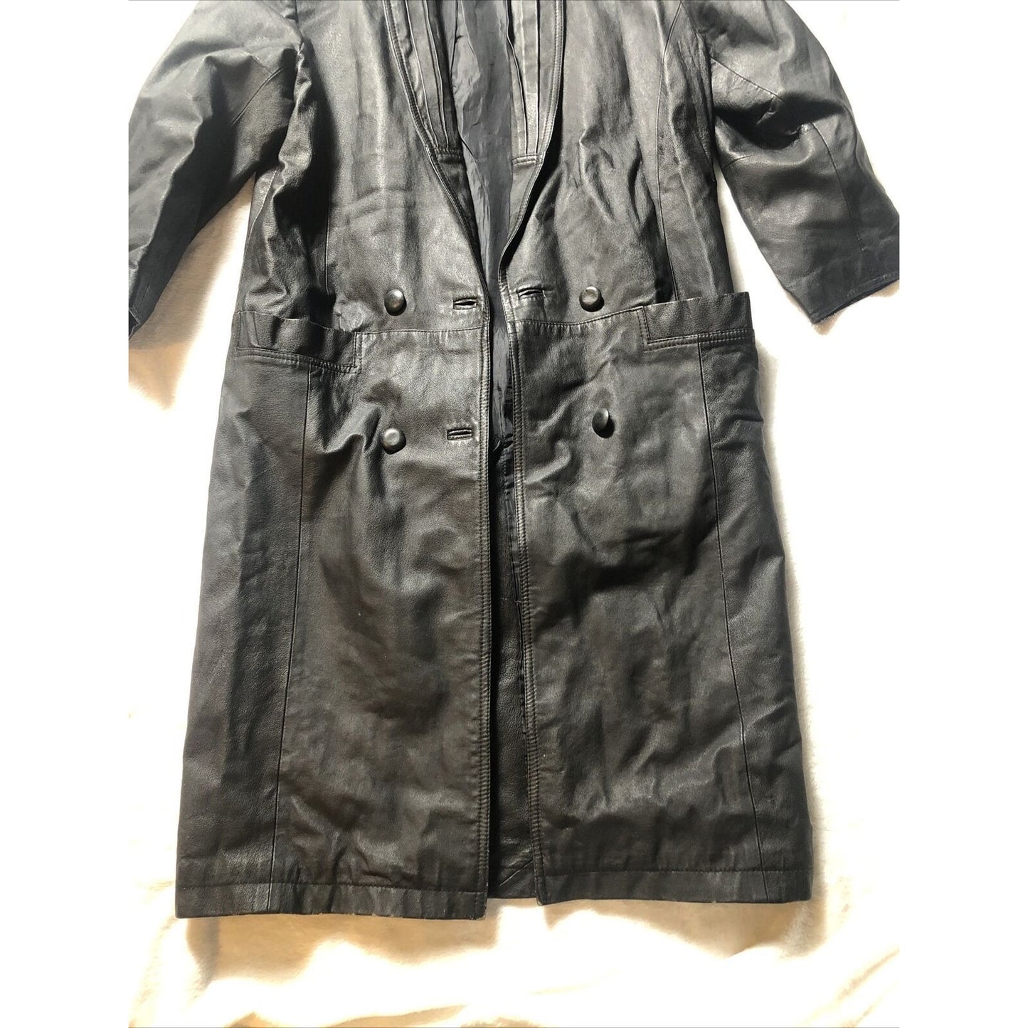 Vintage 80's G-III Black Leather Long Trench Coat Women's Small Long